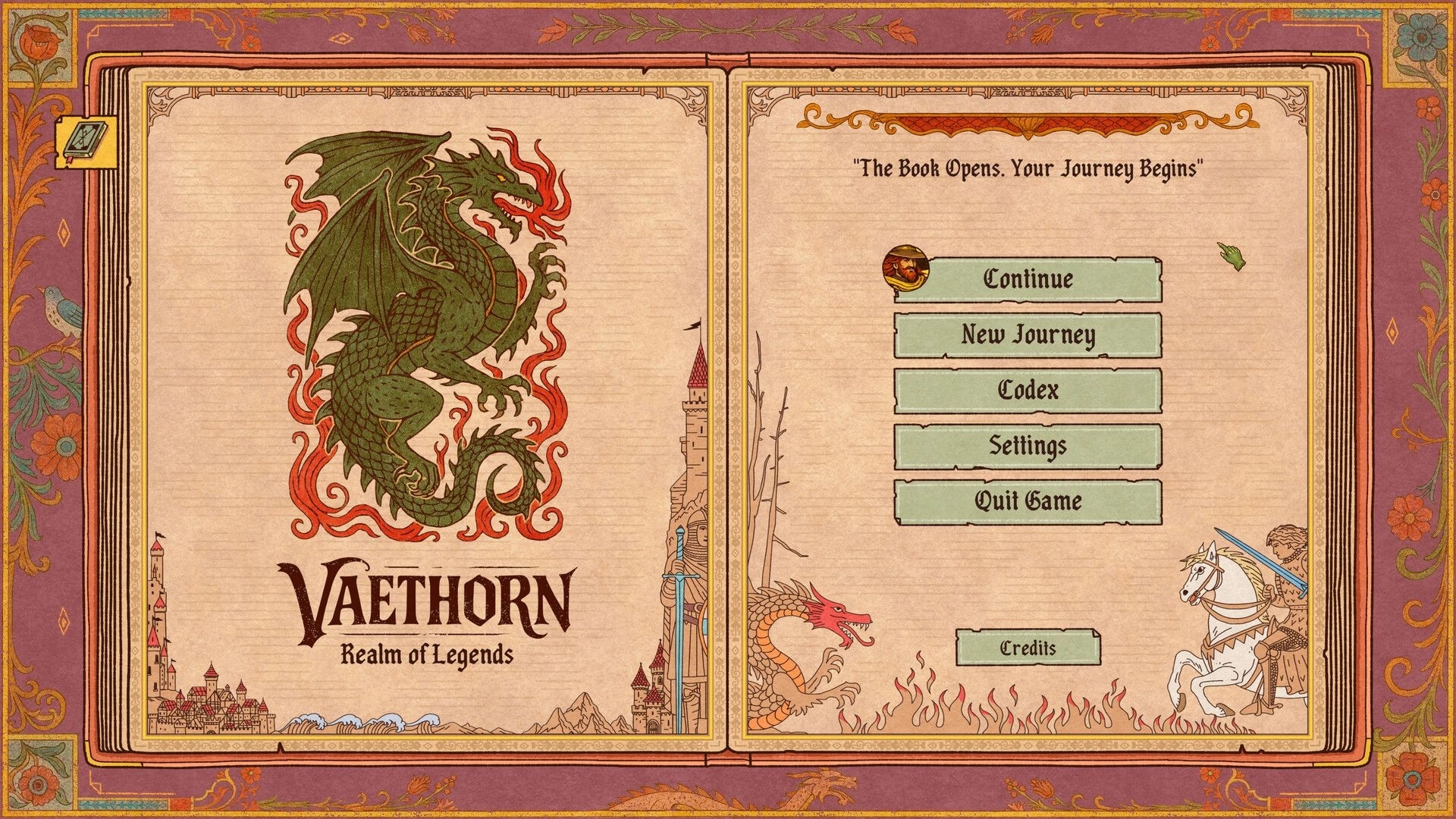 Vaethorn: Storybook main menu with Continue and New Journey buttons on an illustrated open book page.