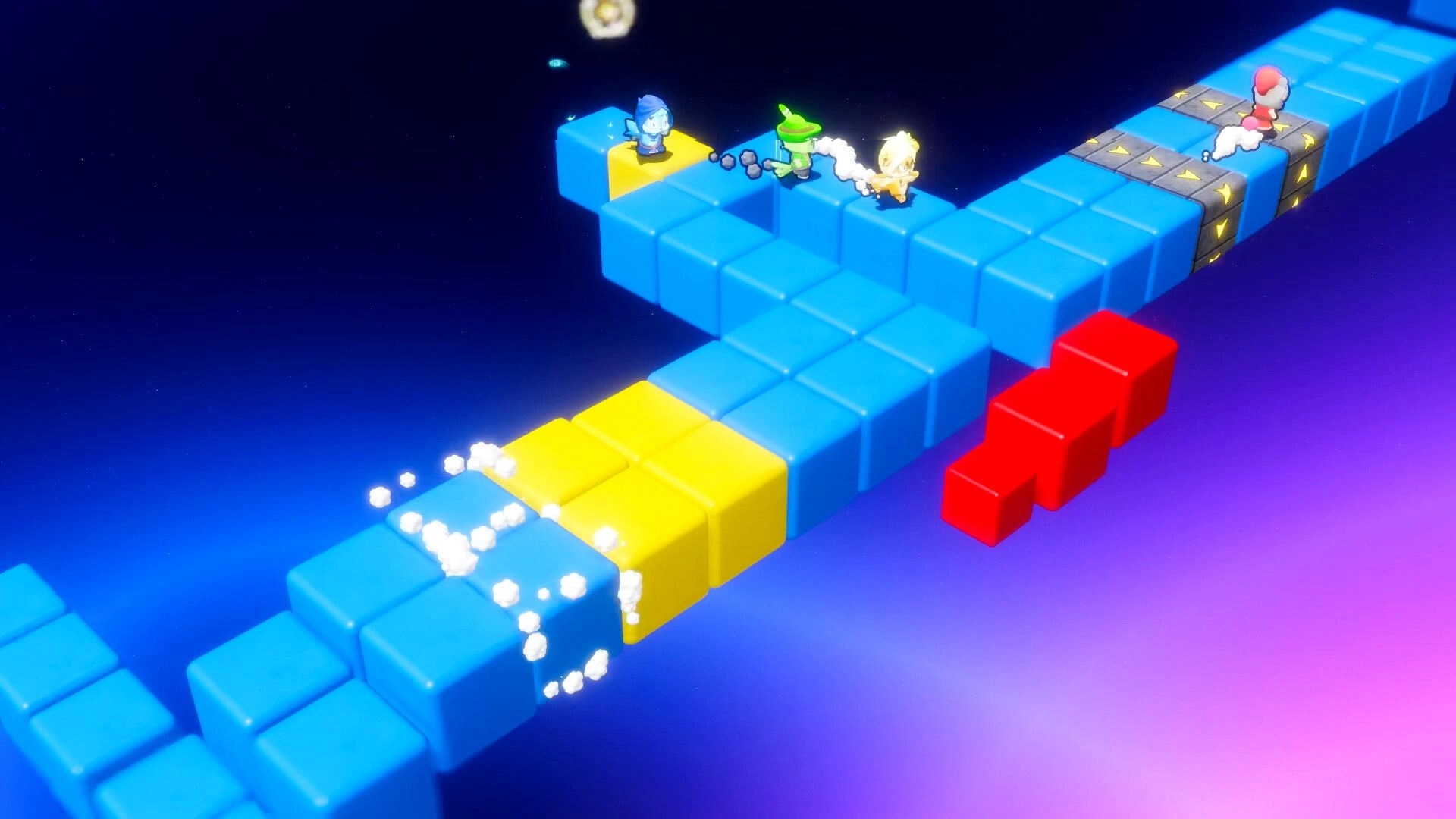 Vagabones: Three heroes race across floating blue block platforms with arrow tiles in starry void.