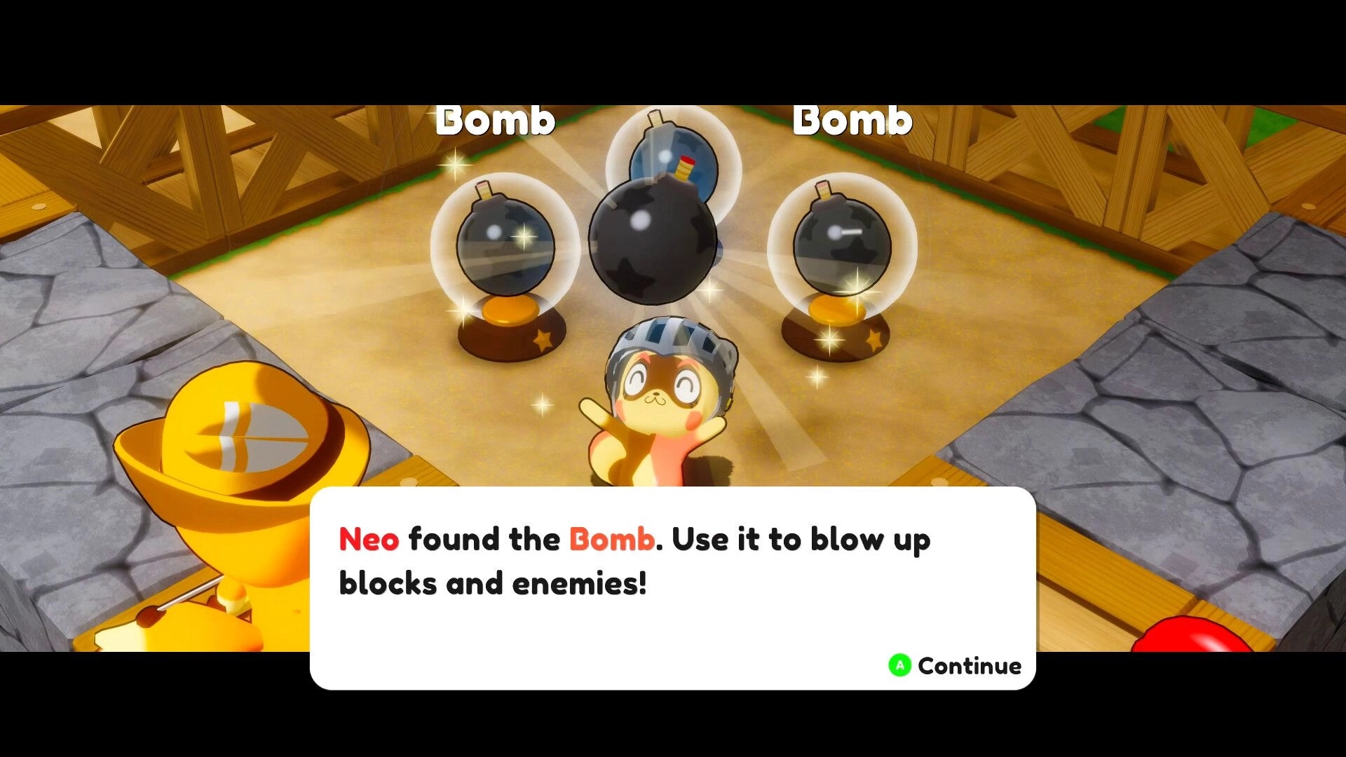 Vagabones: Neo finds a Bomb pickup tutorial popup in a wooden arena with sparkling bombs on pedestals.