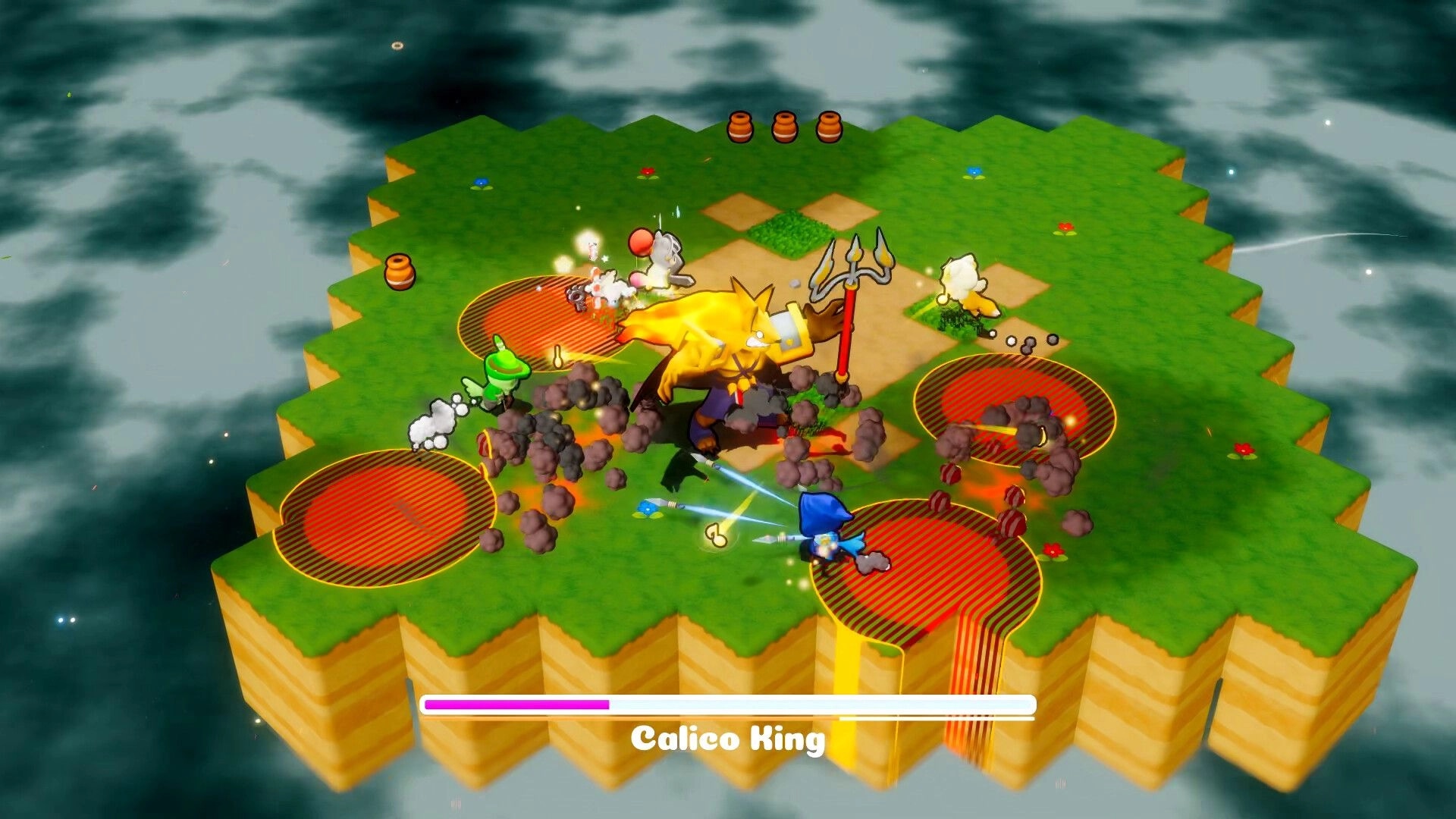 Vagabones: Co-op boss fight vs Calico King with red AoE circles on a floating grassy arena.