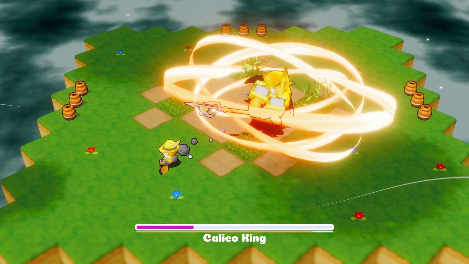 Vagabones: Boss fight vs Calico King with swirling light attack on a grassy island arena UI bar.