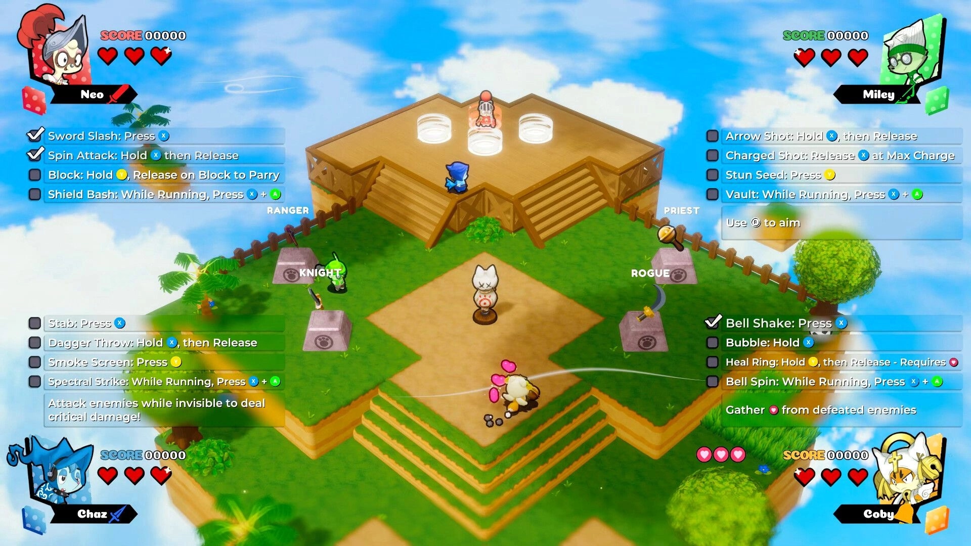 Vagabones: Four-player tutorial UI with move lists around heroes on a floating island arena.