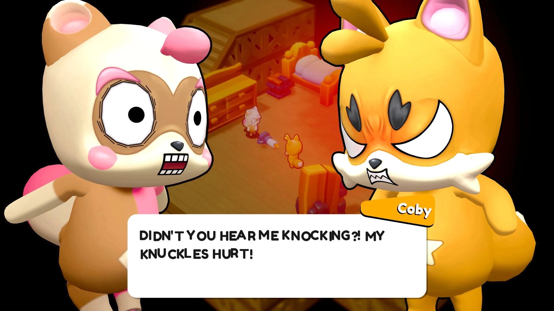 Vagabones: Angry Coby dialogue scene with two animal characters in a cozy bedroom interior UI text box.
