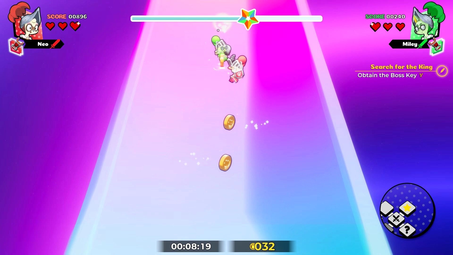 Vagabones: Neo and Miley race down a neon lane collecting coins, with hearts, scores, and timer UI.