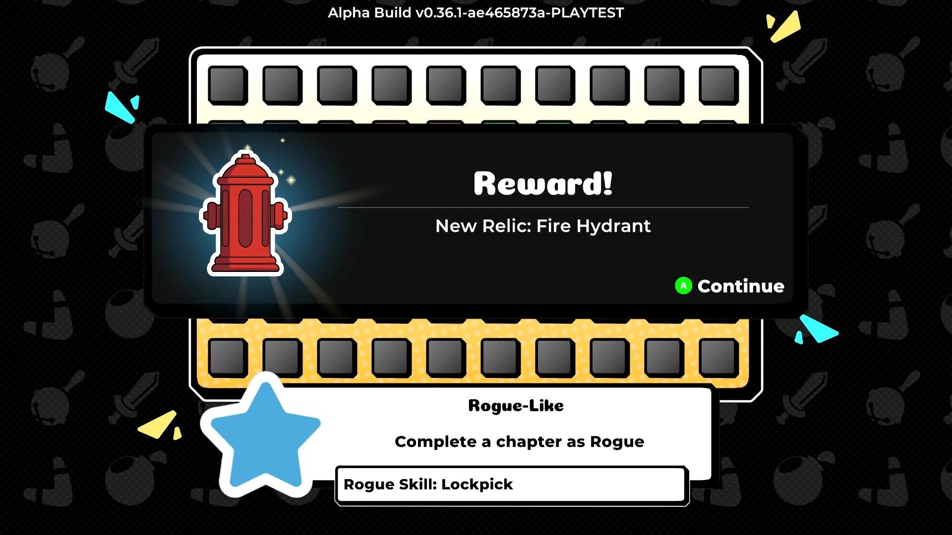 Vagabones: Reward pop-up for new relic Fire Hydrant over rogue-like board, A to continue prompt.