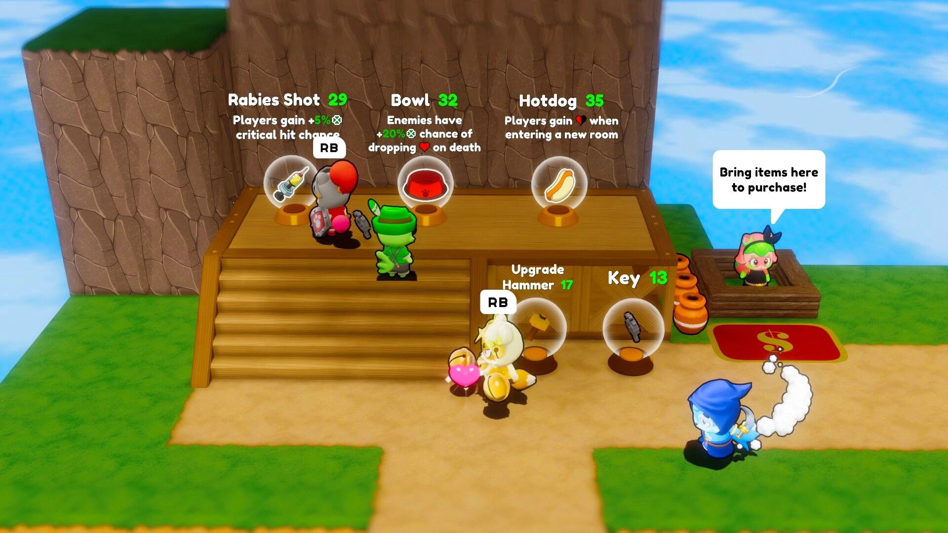Vagabones: Players browse shop upgrades and items on a wooden stand as a vendor calls out nearby.