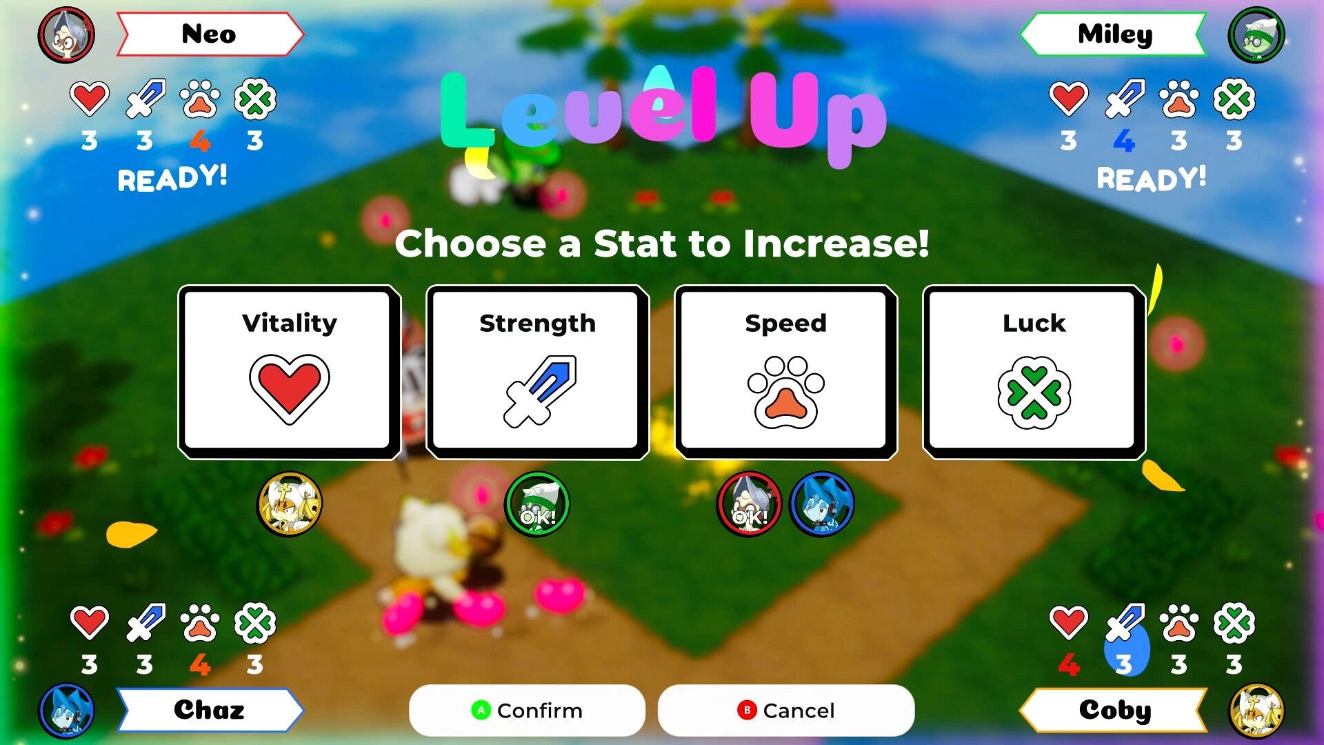Vagabones: Co-op level up menu choosing Vitality, Strength, Speed, or Luck on grassy island map.