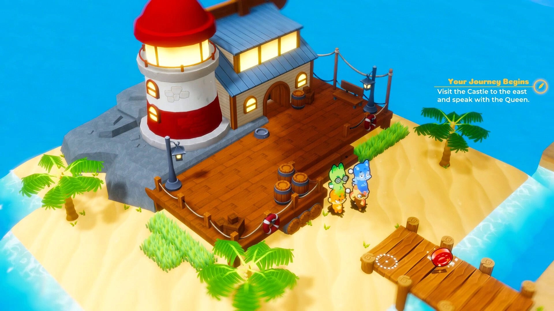 Vagabones: Three animal heroes on a sandy island dock by a lighthouse, quest text at top right.