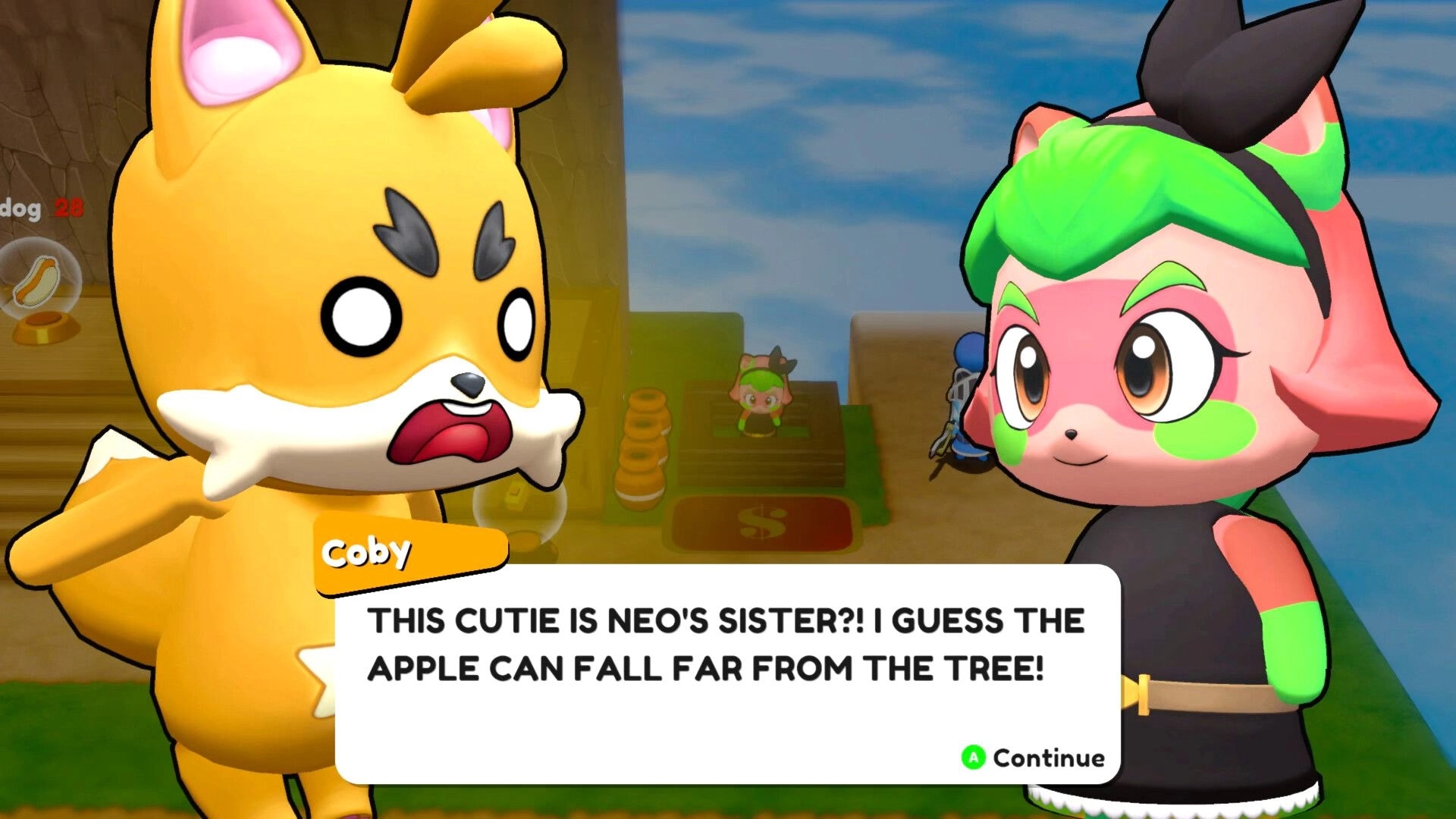 Vagabones: Coby dialogue cutscene with text box and Continue prompt on wooden platform area.