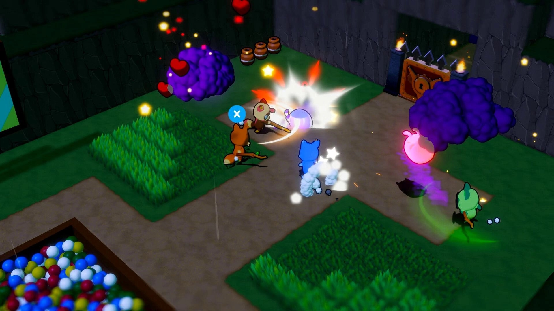 Vagabones: Four players fight purple smoke blobs near a spiked locked gate in a stone courtyard.