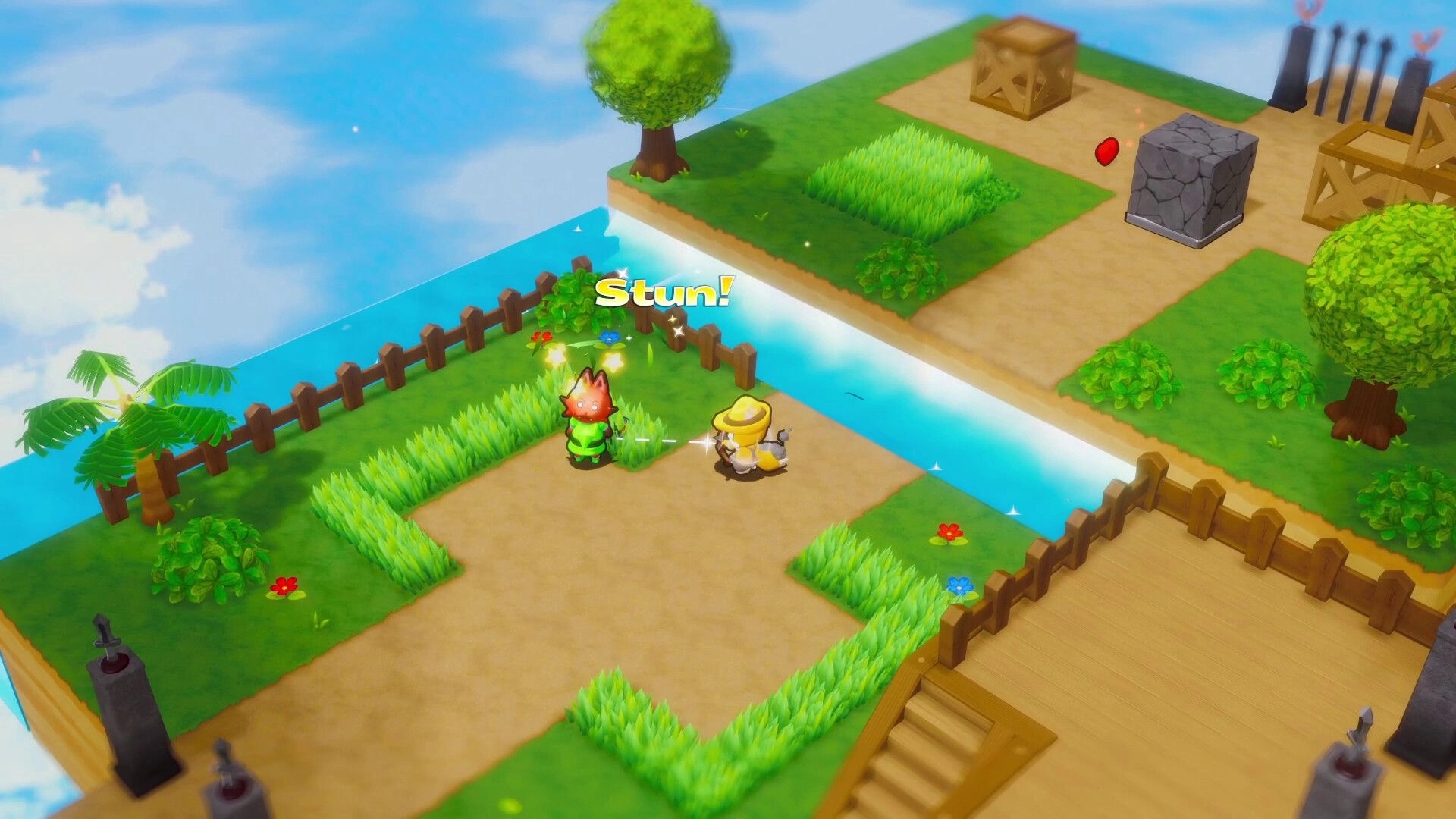 Vagabones: Fox hero stuns a yellow foe on grassy floating island path beside fences and river.