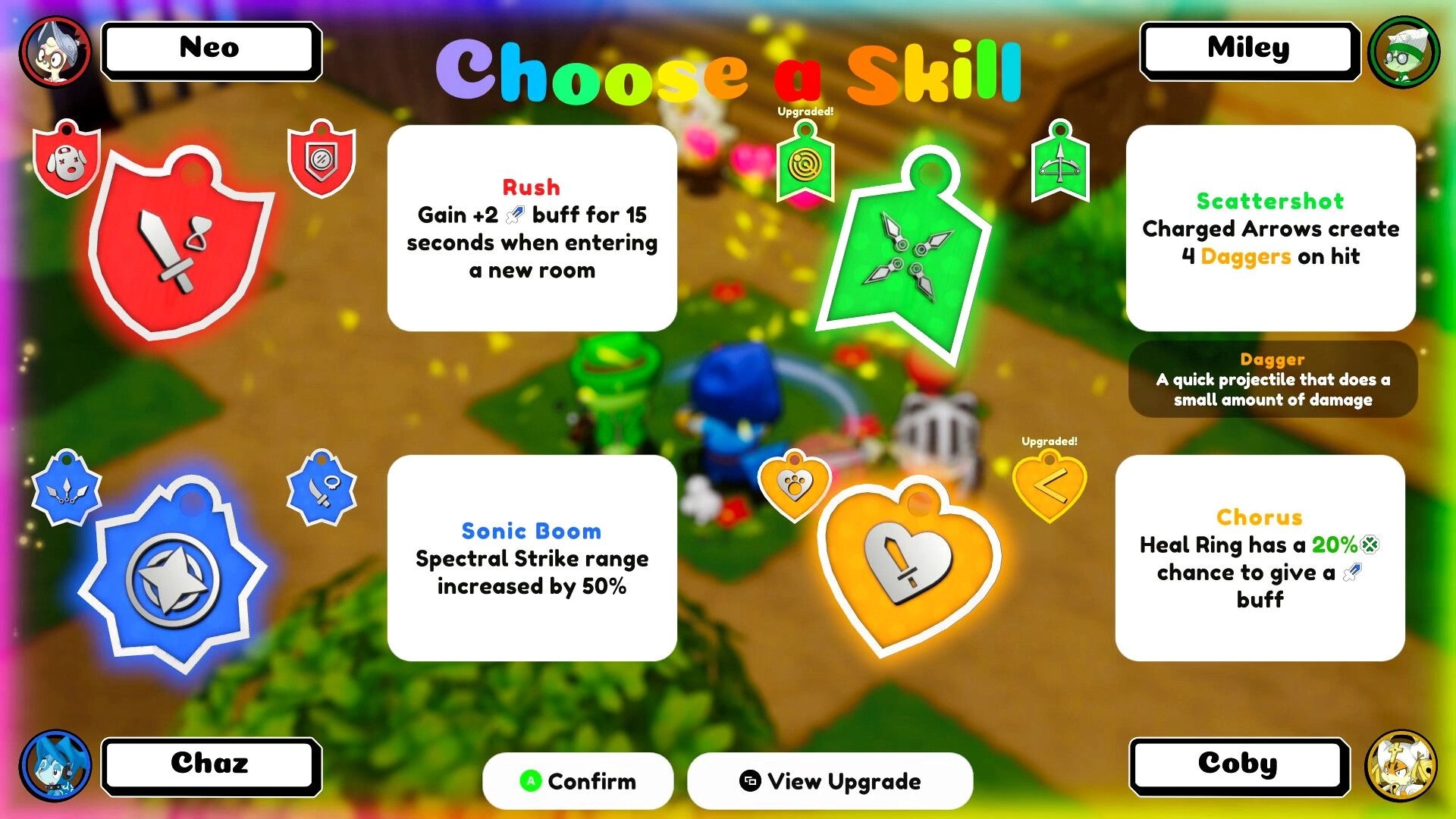 Vagabones: Choose a Skill upgrade menu with Rush, Scattershot, Sonic Boom and Chorus over village path.