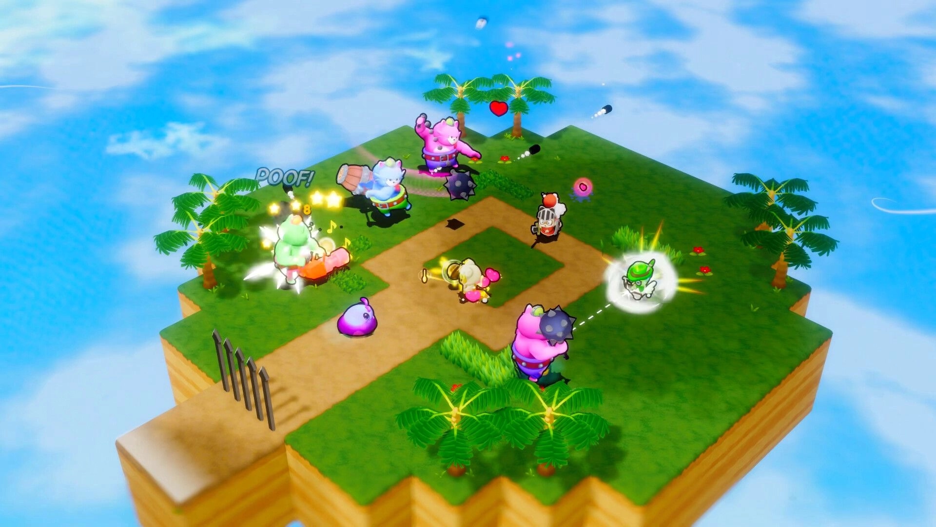 Vagabones: Co-op brawl with cute heroes and spiked maces on a floating grassy island arena.