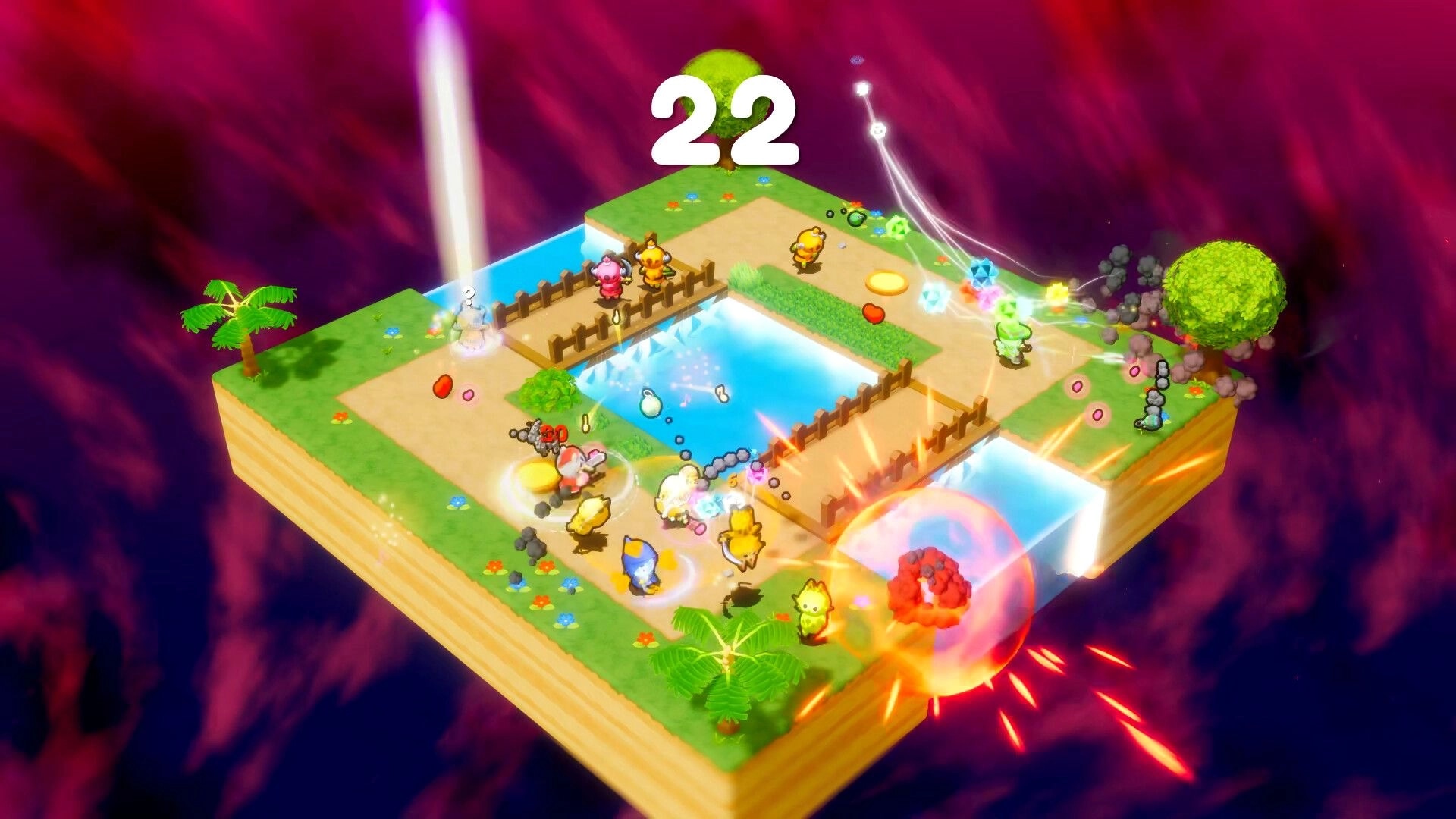 Vagabones: Co-op brawl with spells and explosions on floating island arena with timer 22 overhead.