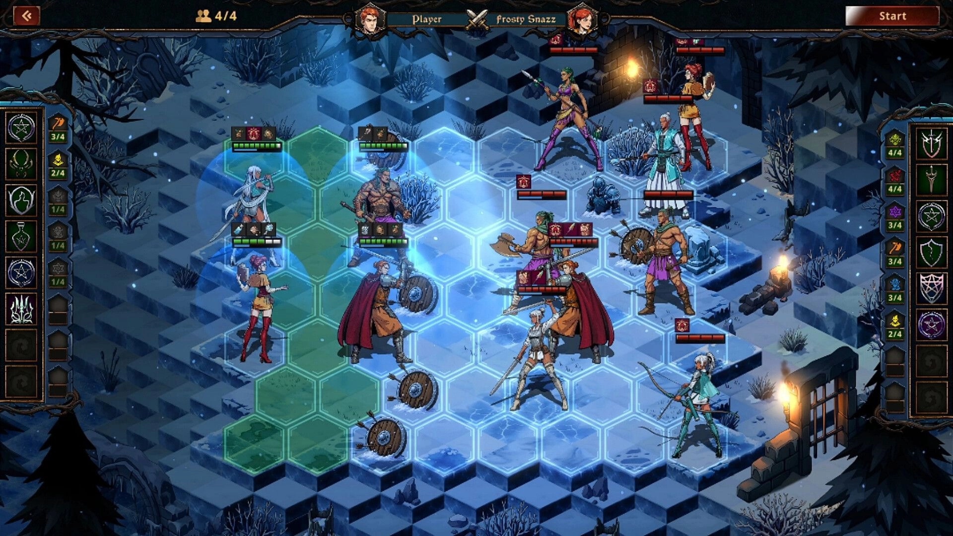 Valefor 2: Team formation on hex grid with heroes and enemies in a snowy dungeon, Start button UI.