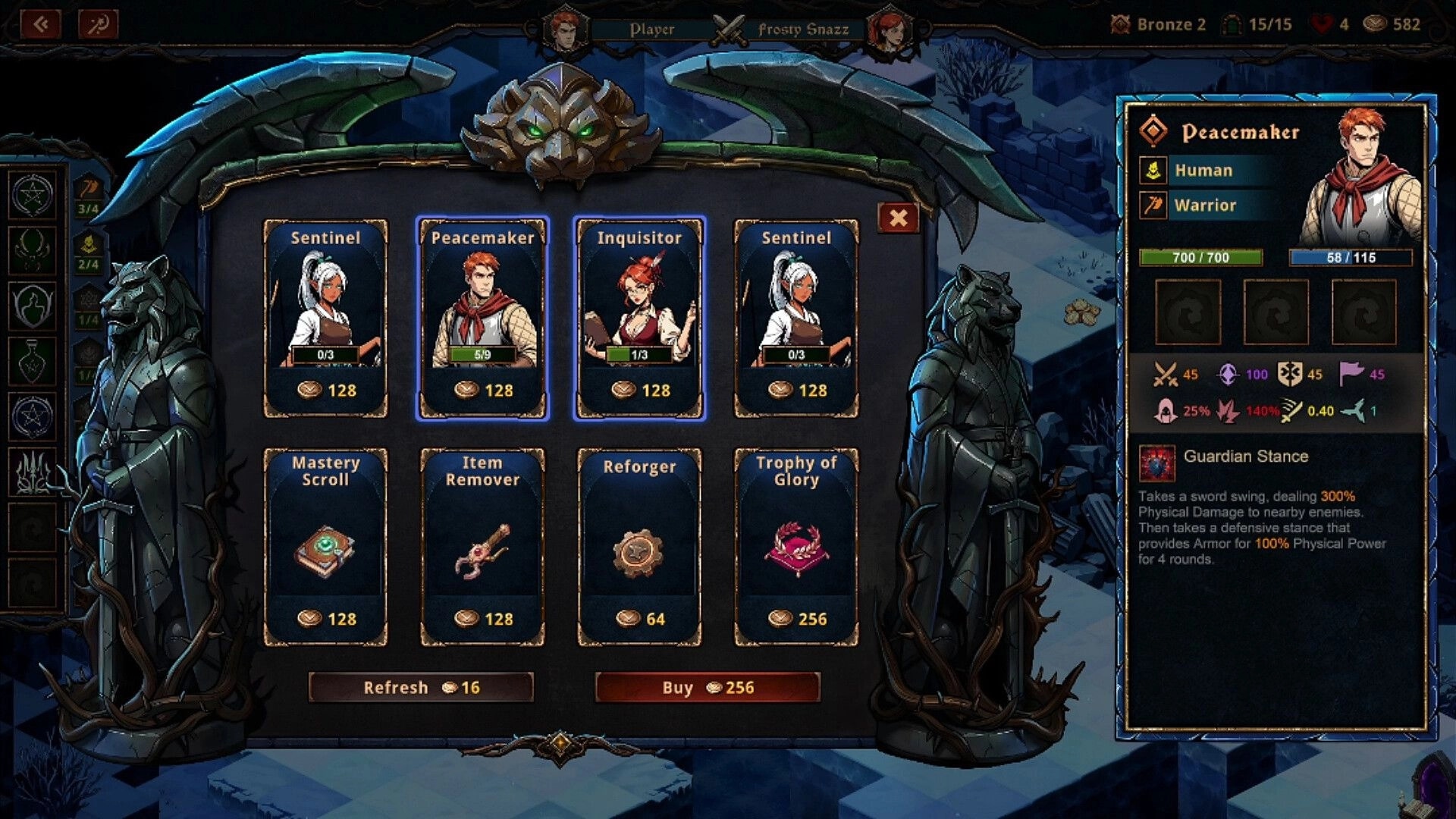 Valefor 2: Mercenary shop cards and Peacemaker stats panel in a snowy stone battleground menu.
