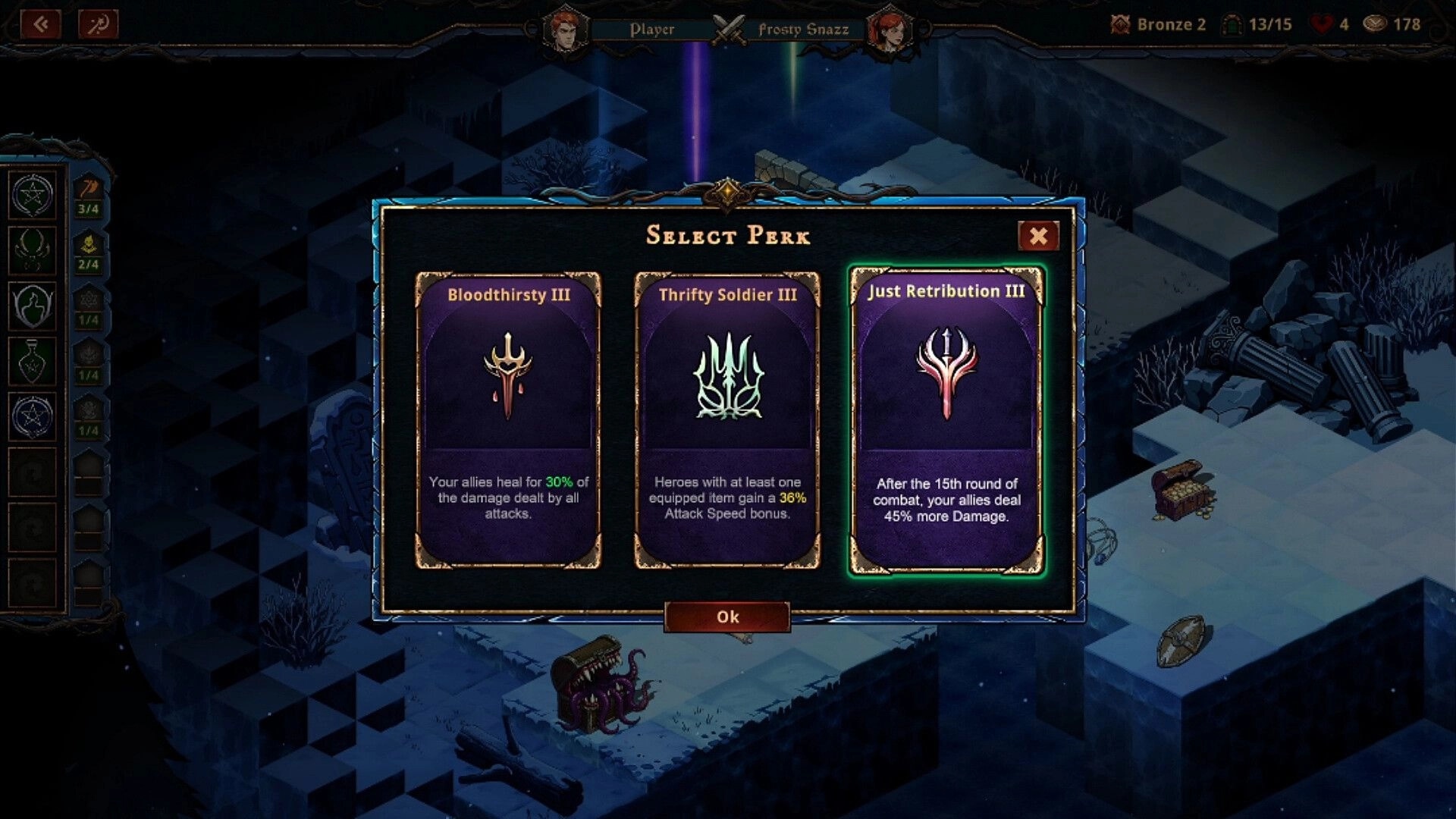 Valefor 2: Select Perk menu with three perk cards over a snowy dungeon map and side icons.