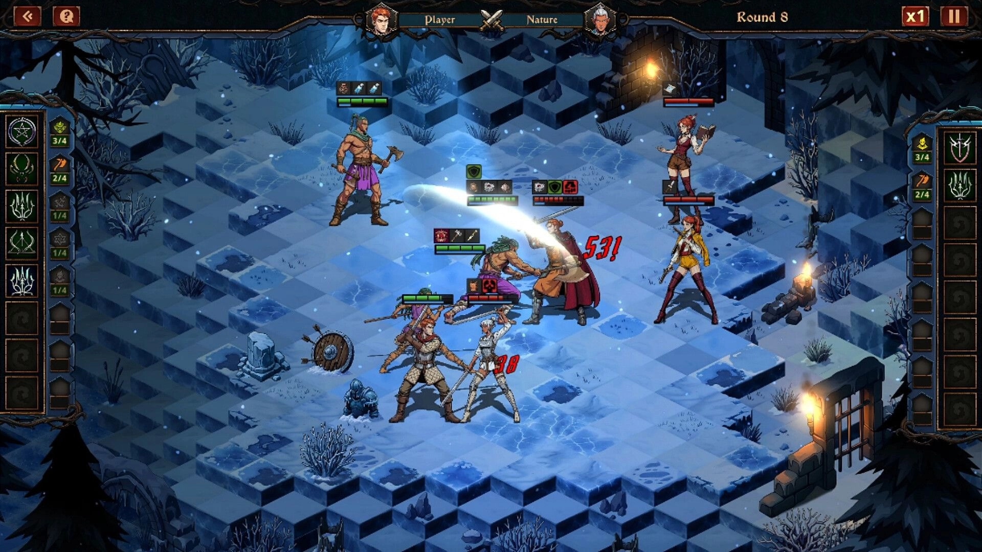 Valefor 2: Auto-battle clash on icy grid arena with six fighters, health bars, Round 8 UI panels.