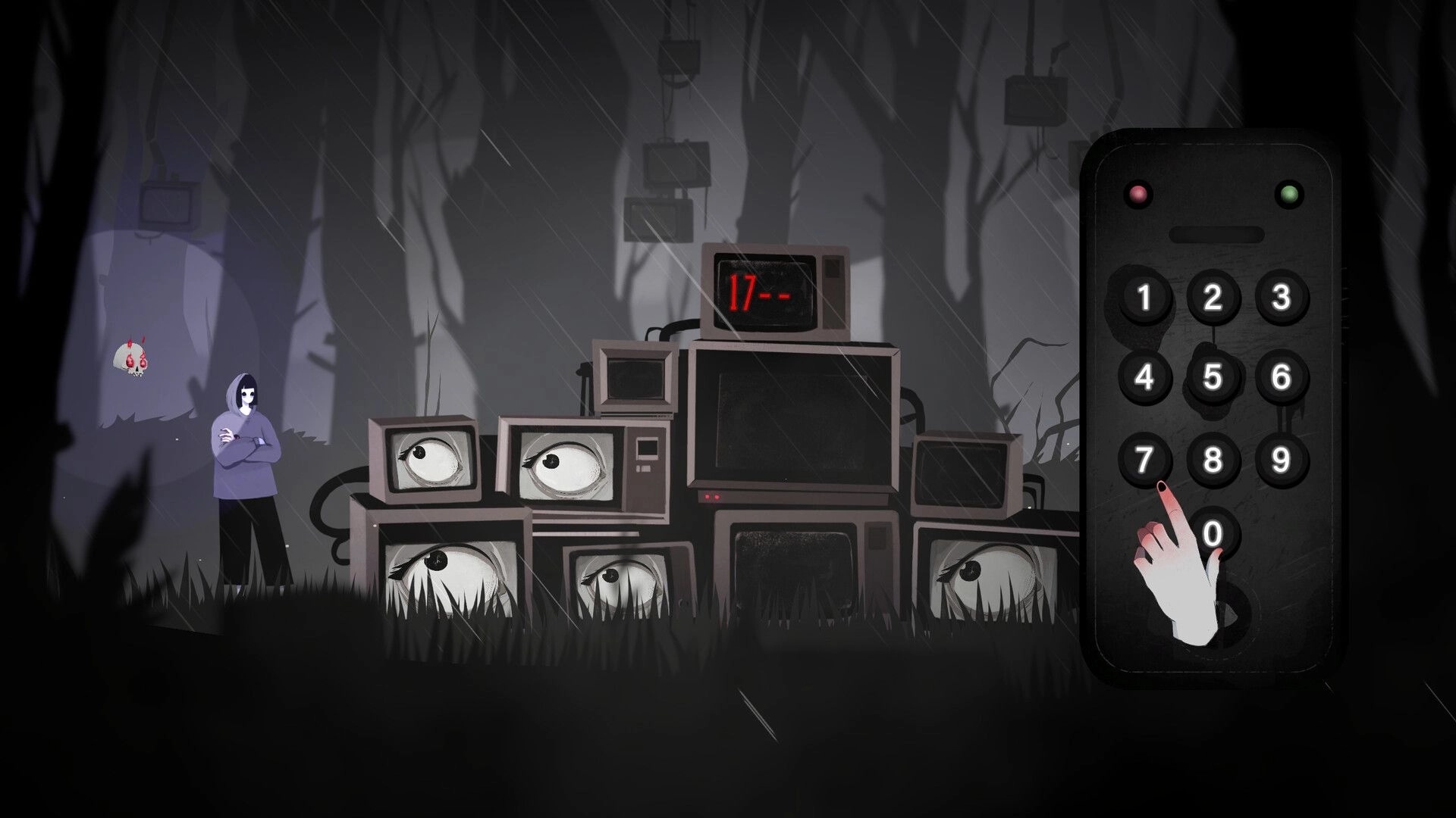Vale’s Echo: Entering a code on a phone keypad beside stacked TVs in a rainy, eerie forest.