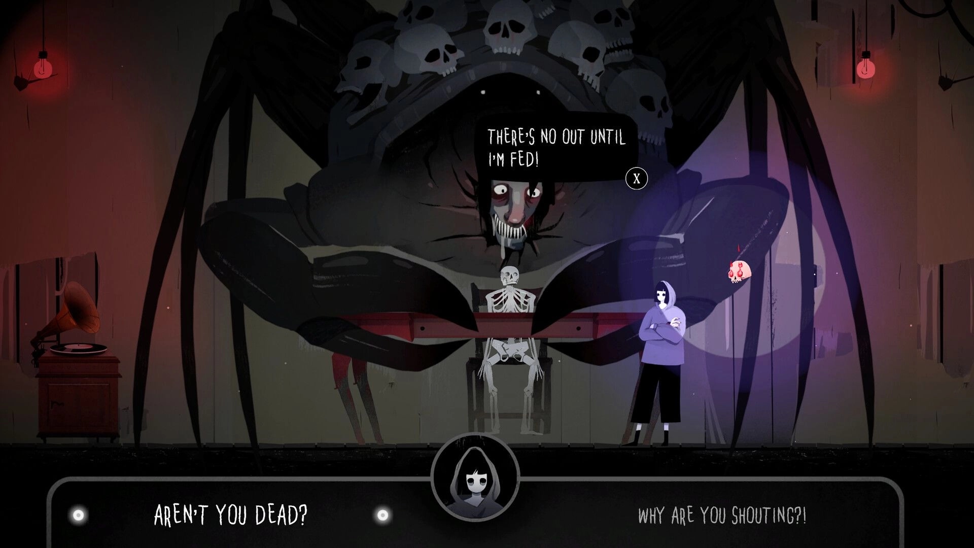 Vale’s Echo: Dialogue choice with giant spider skull monster looming over Vale in a dim room.