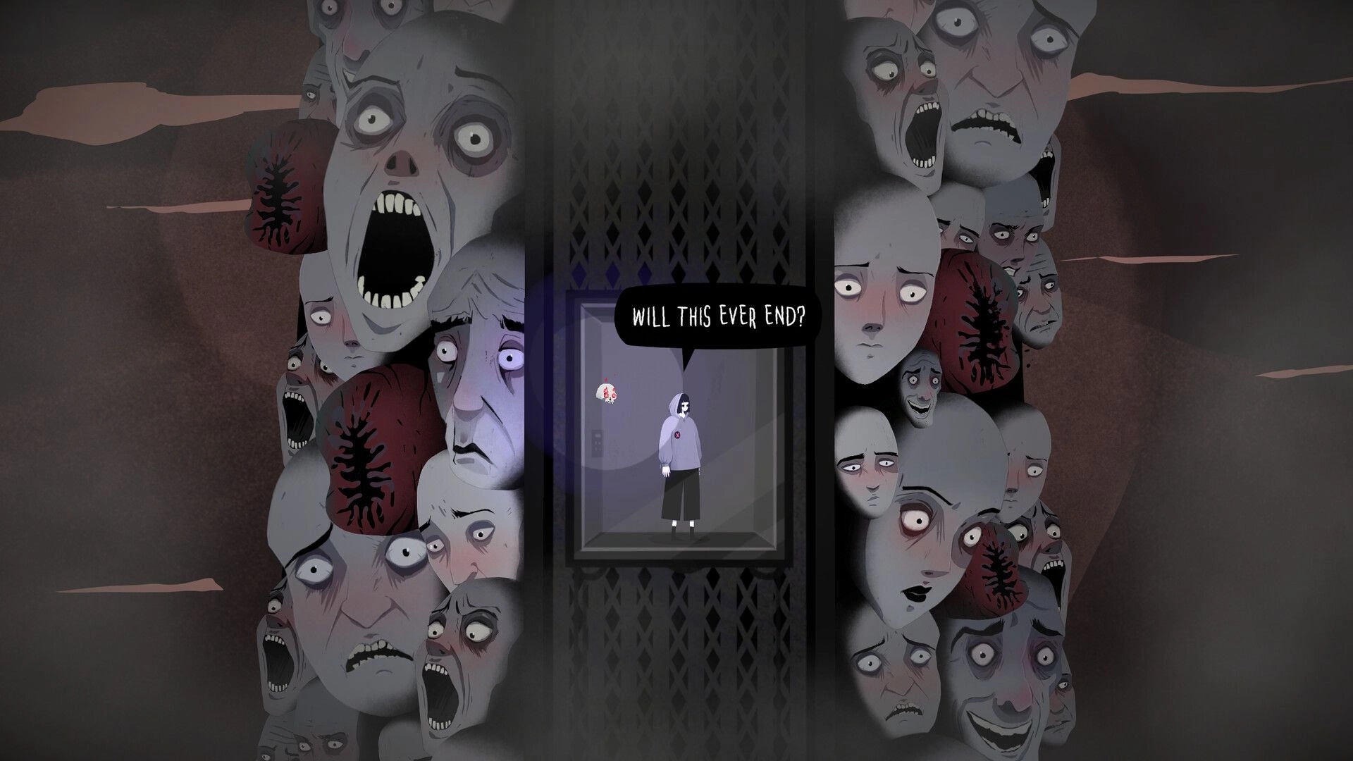 Vale’s Echo: Vale stands in an elevator as a speech bubble asks “WILL THIS EVER END?” among ghost faces.