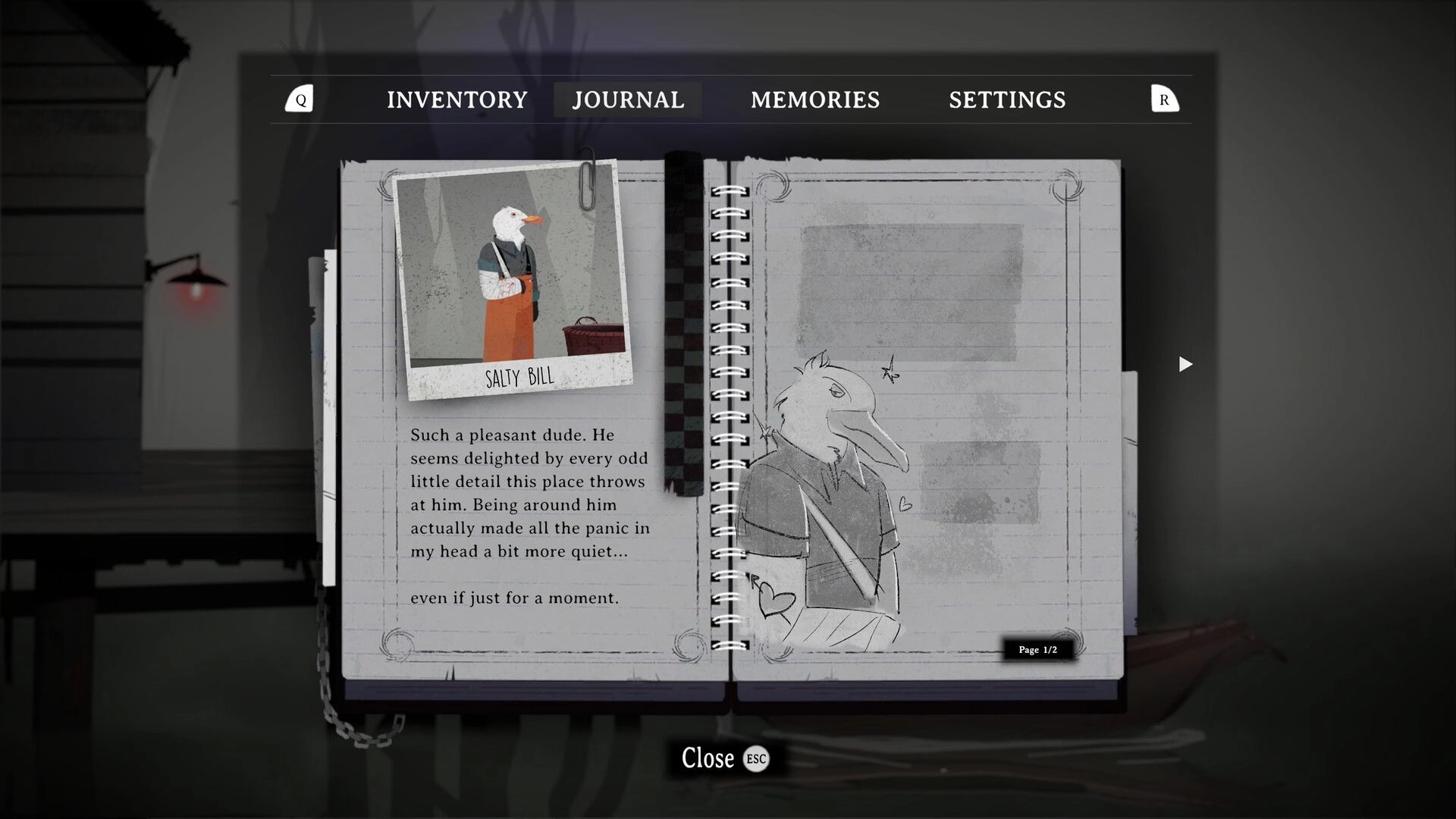 Vale’s Echo: Journal entry open on Salty Bill with portrait and sketch, notebook UI over dim room.