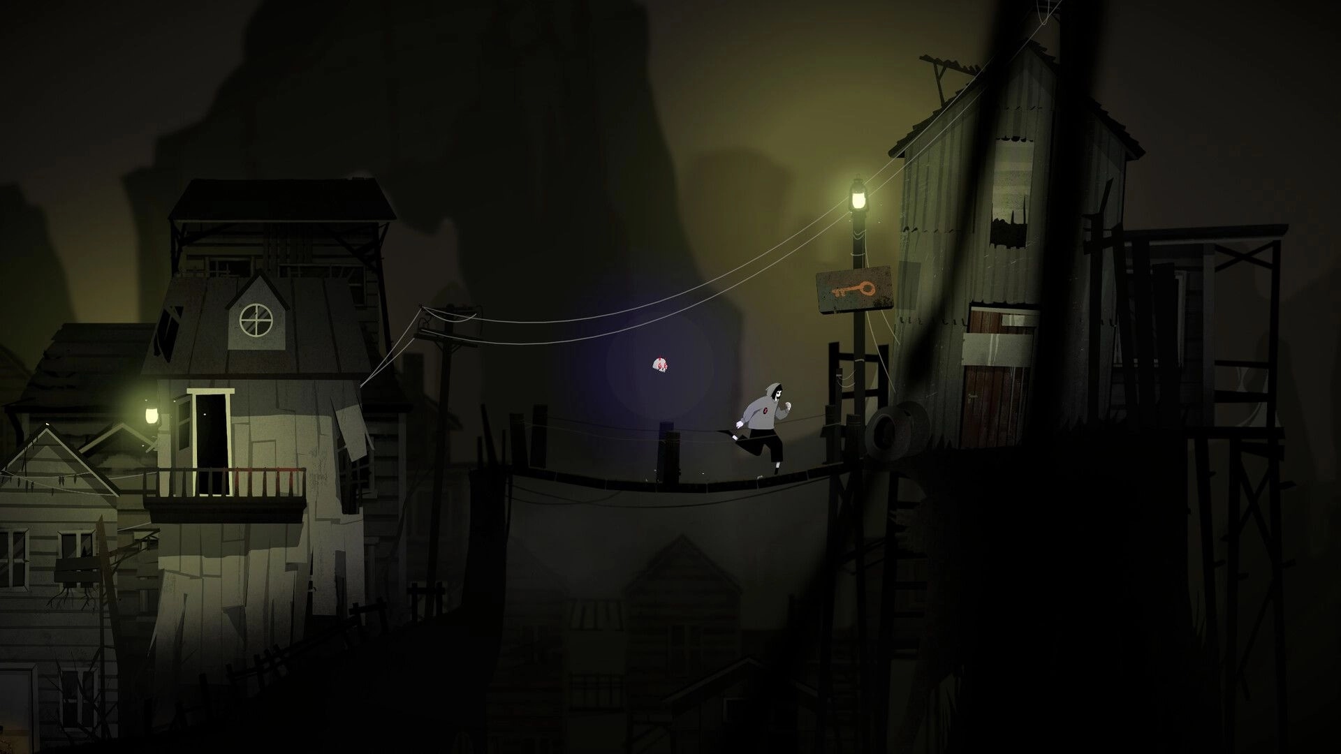 Vale’s Echo: Hooded figure running across a rope bridge past a key sign in a foggy shantytown.