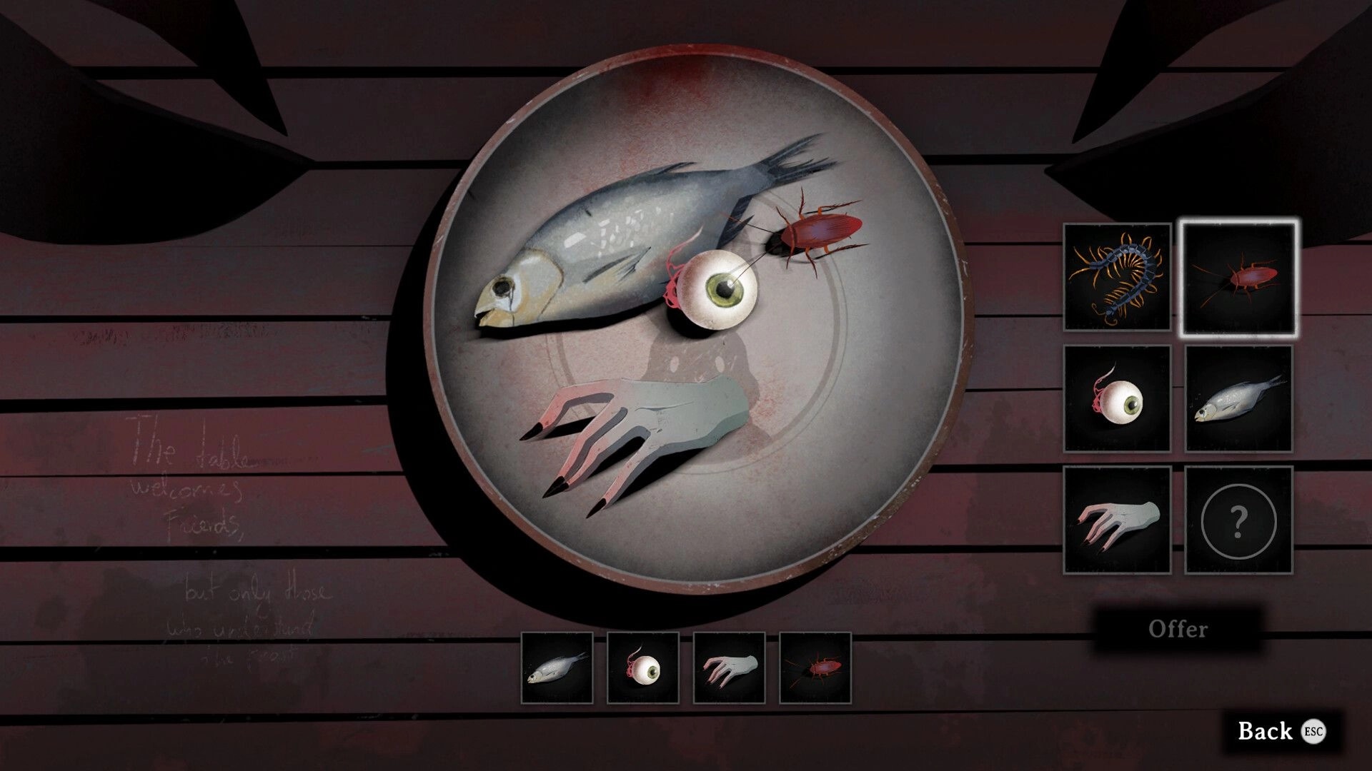 Vale’s Echo: Offering items on a plate puzzle UI with fish, eyeball, and severed hand on table.