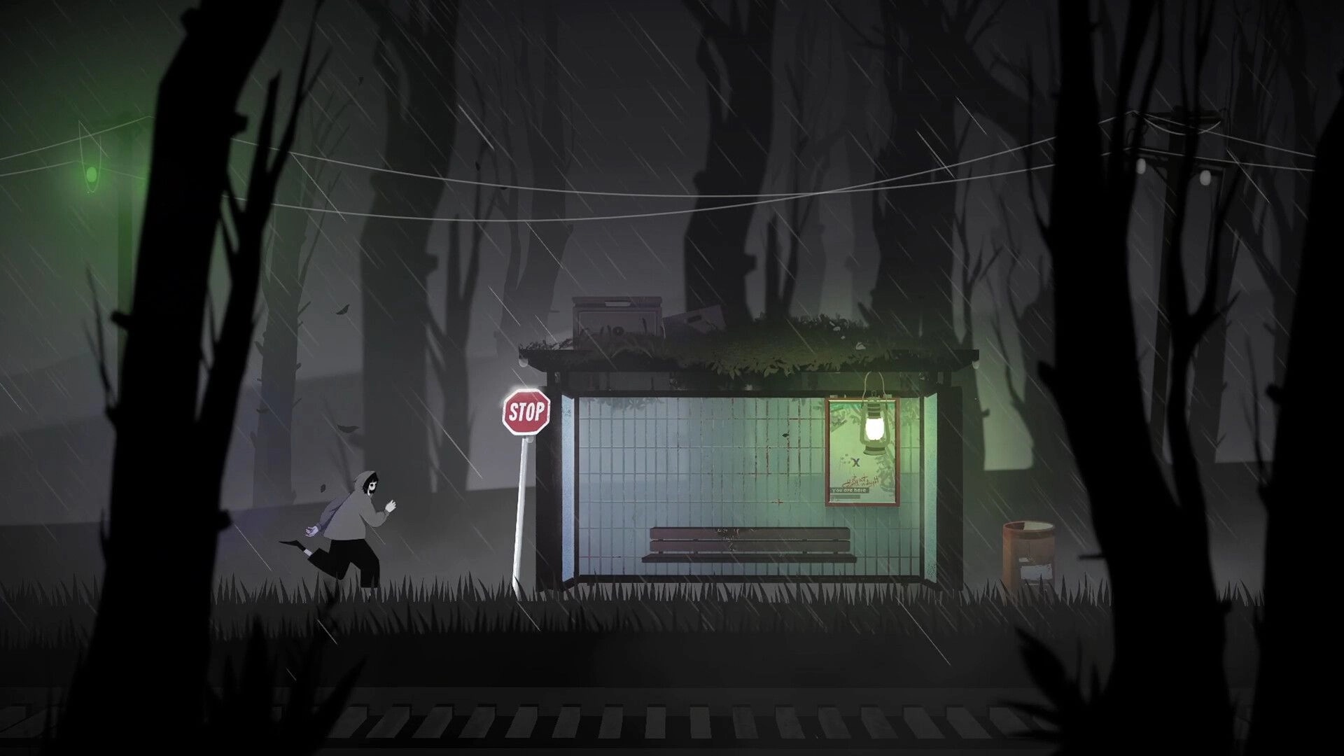 Vale’s Echo: Hooded figure runs past a stop sign toward a lit bus shelter in rainy woods.