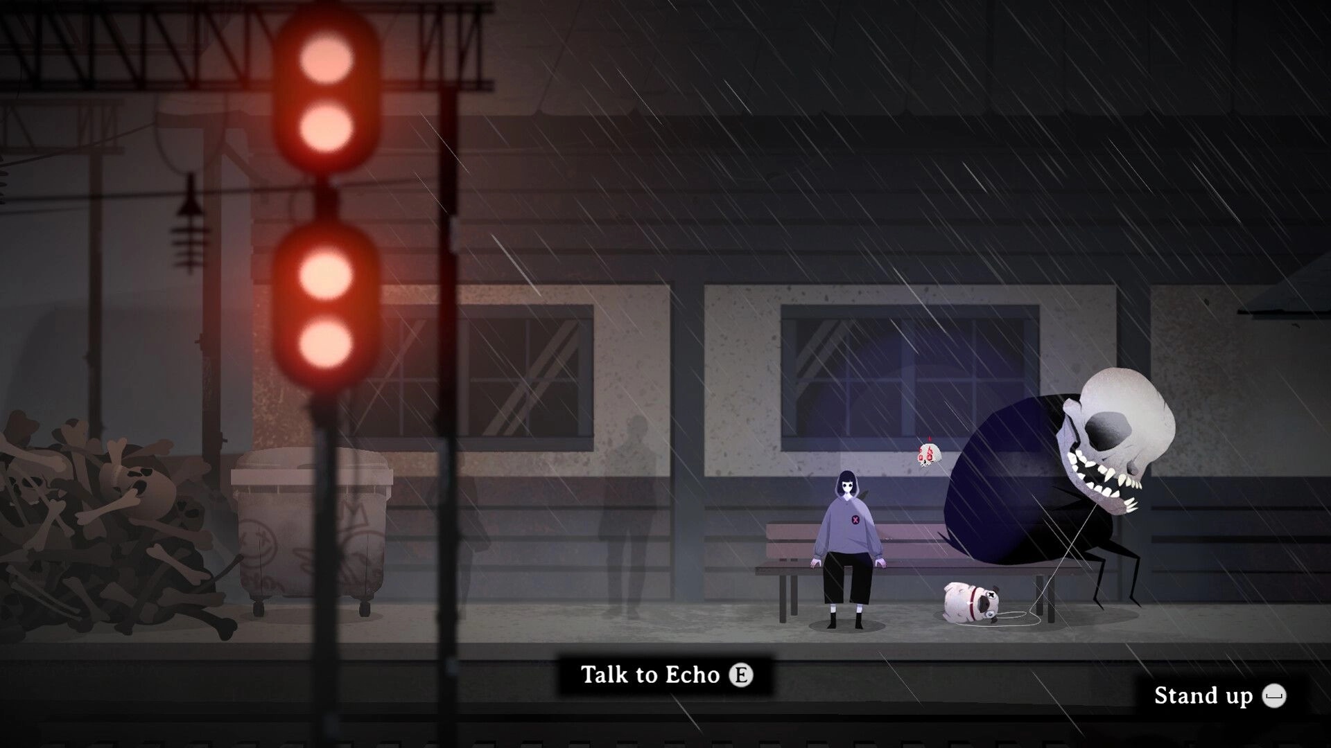 Vale’s Echo: Talk to Echo prompt as Vale sits on bench in rainy station beside skull creature.