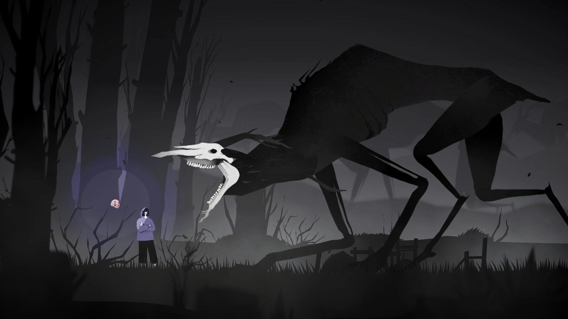 Vale’s Echo: Vale faces a towering skull-faced beast in a foggy, dead forest clearing at night.