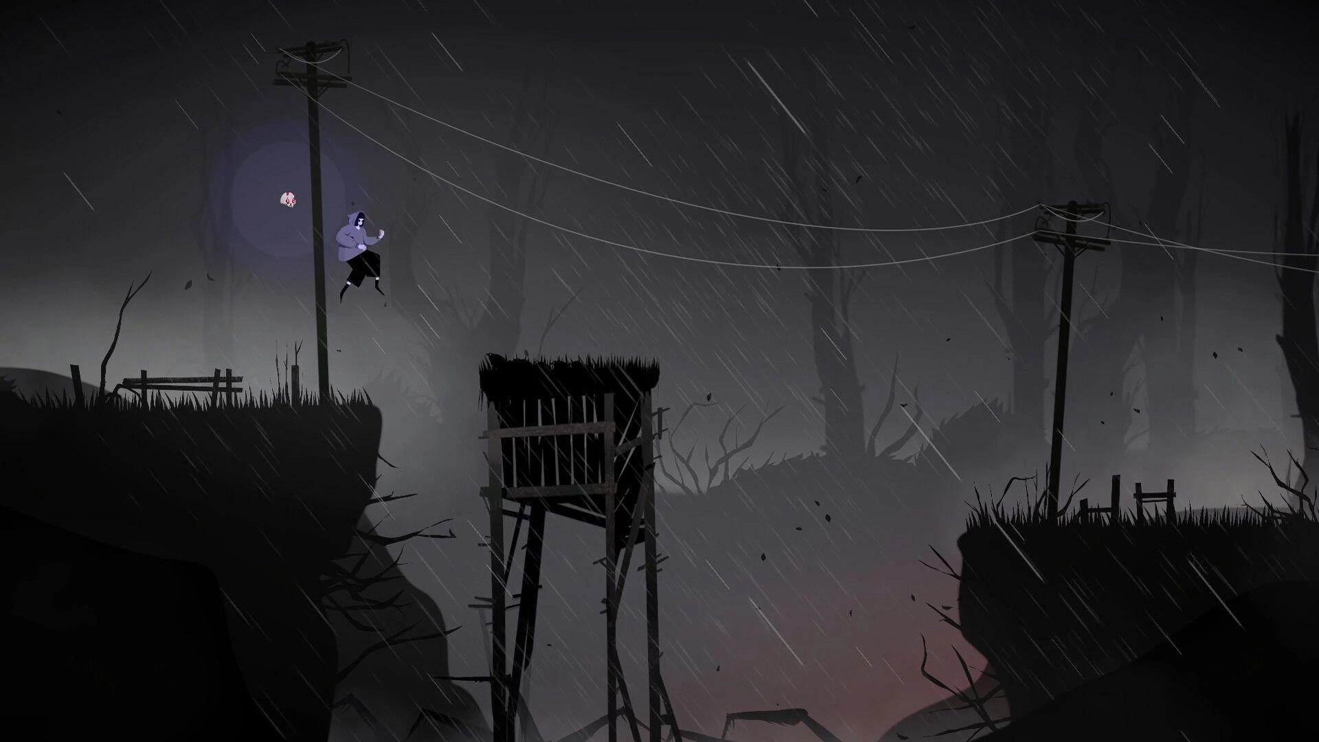 Vale’s Echo: Vale leaps between cliffs near power lines in heavy rain over a foggy forest ravine.
