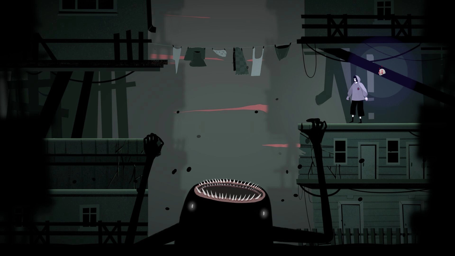 Vale’s Echo: Hooded girl stands on rooftop ledge above a toothy shadow monster in foggy slums.