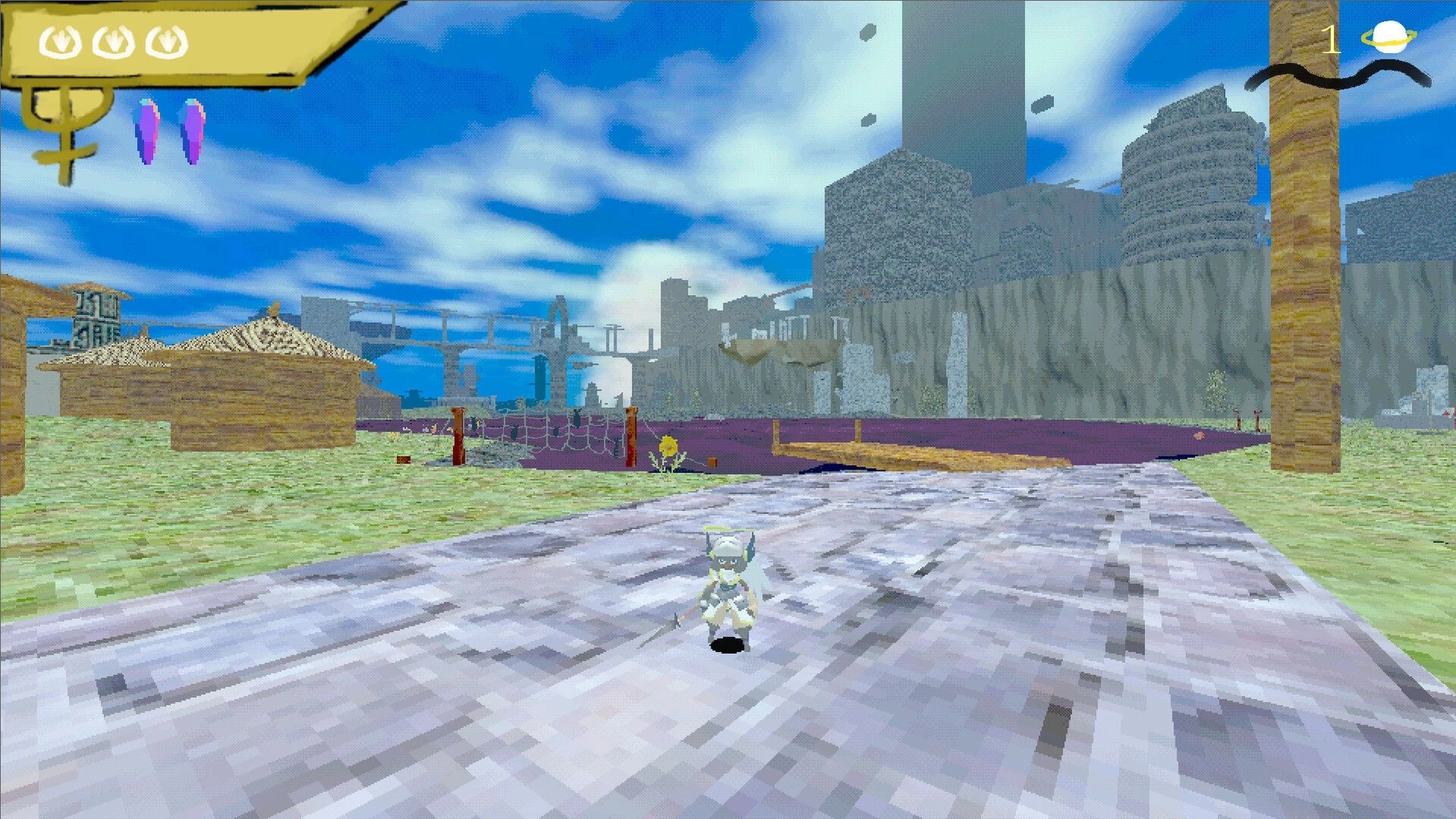 Valkyrie Saga: Roll explores pixelated sky village with distant cliffs and a vibrant blue sky