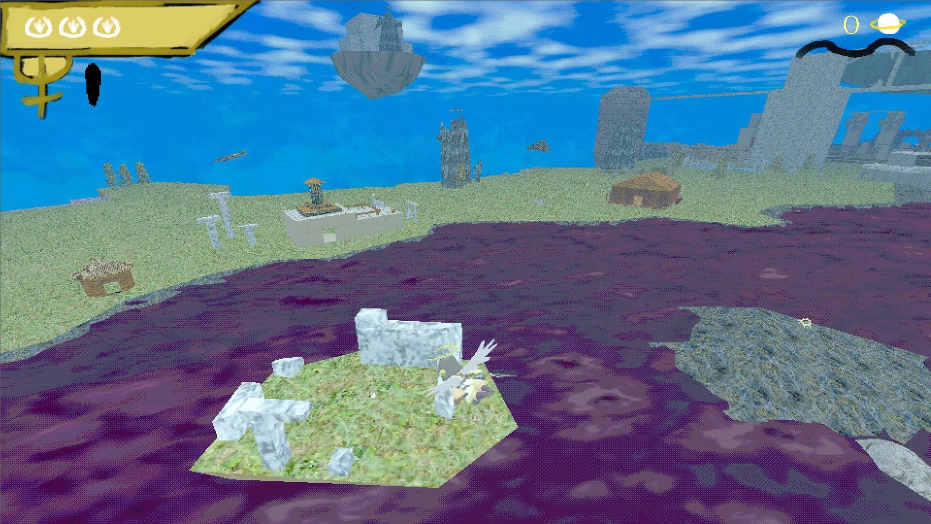 Valkyrie Saga: Roll gliding above a floating island with ruins in a vibrant, pixelated sky-world