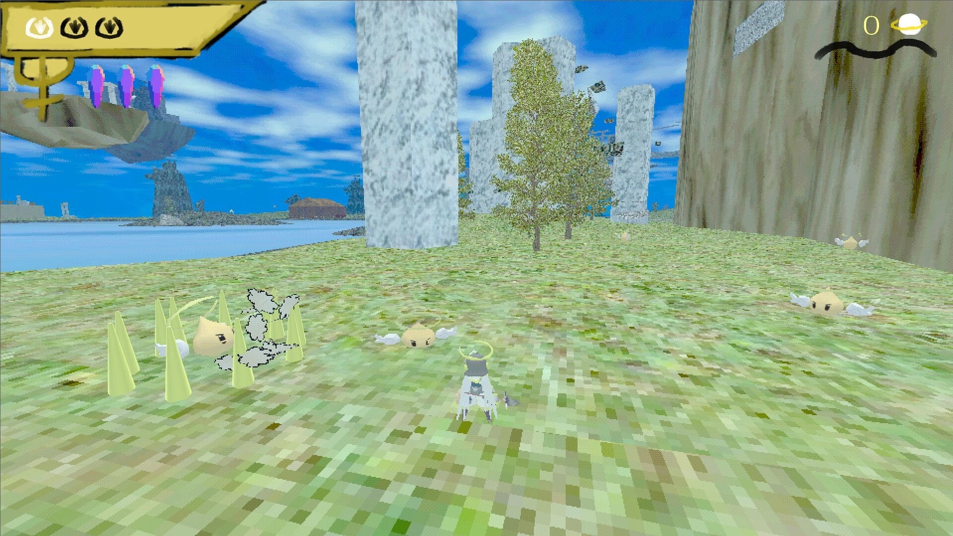 Valkyrie Saga: Roll explores pixelated field with flying creatures, trees, and floating islands nearby.