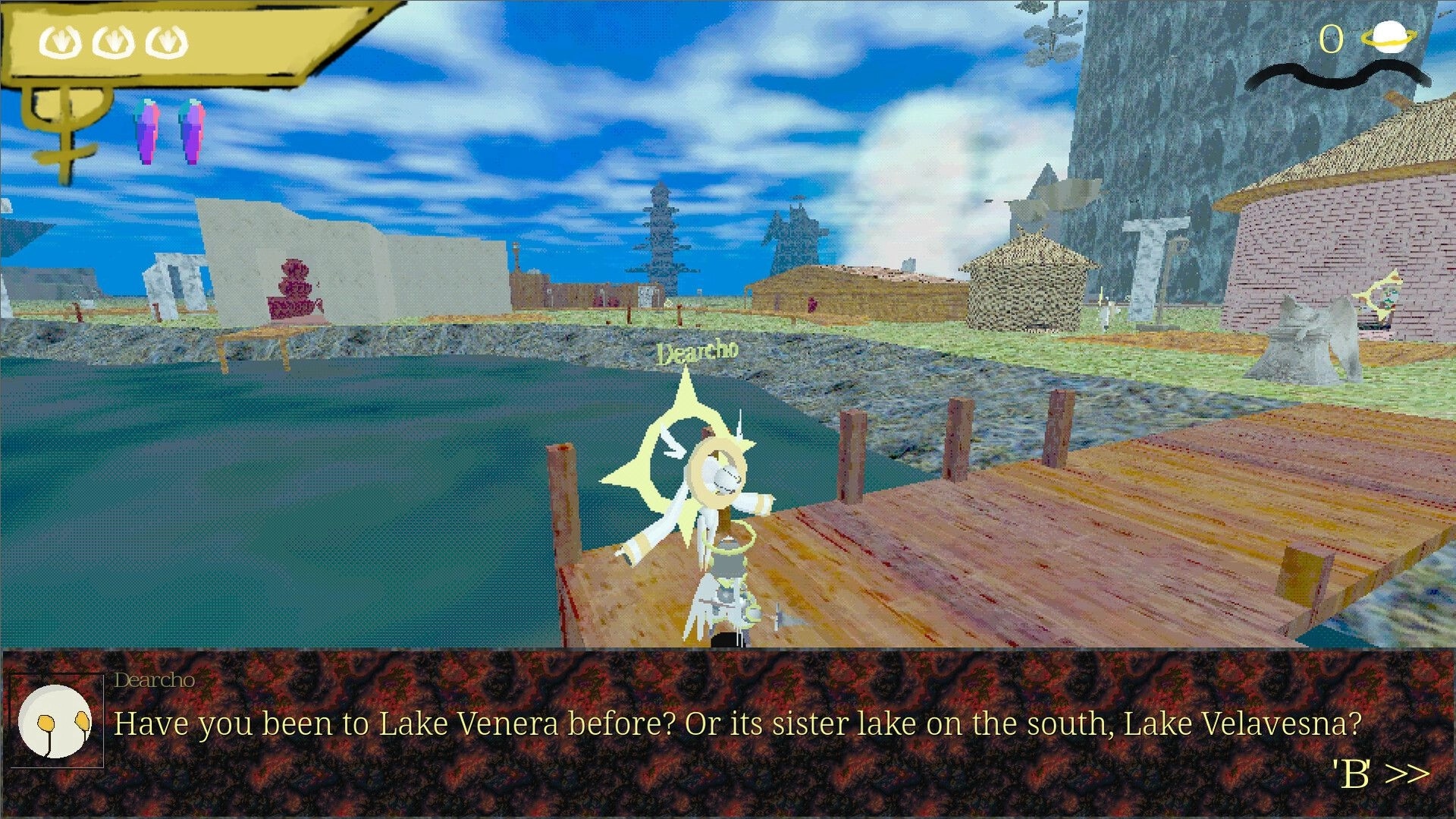 Valkyrie Saga: Roll the Valkyrie on wooden dock near rustic village by serene lake under blue sky