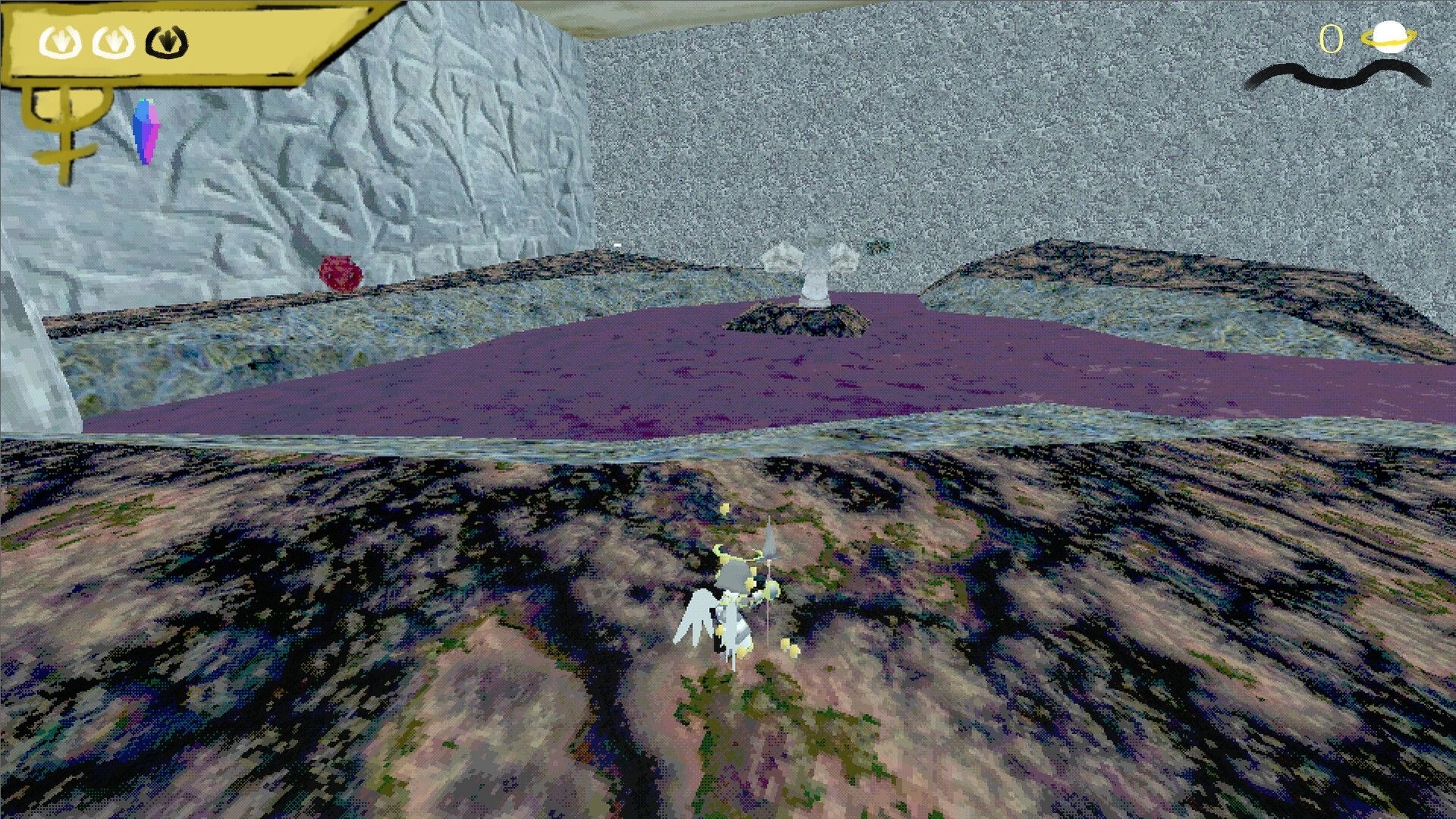 Valkyrie Saga: Roll exploring rocky terrain near a purple lake with in-game UI elements visible