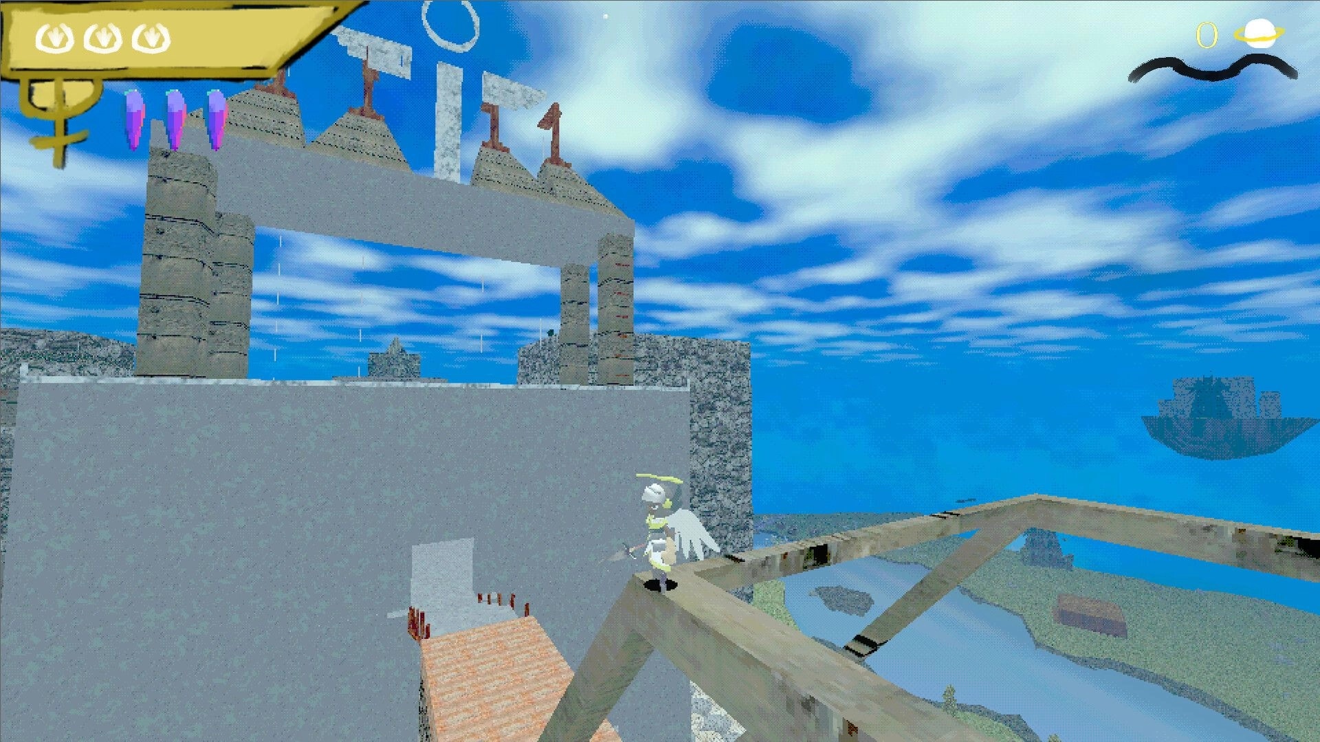 Valkyrie Saga: Roll the Valkyrie perched on beams overlooking stone structures and floating islands