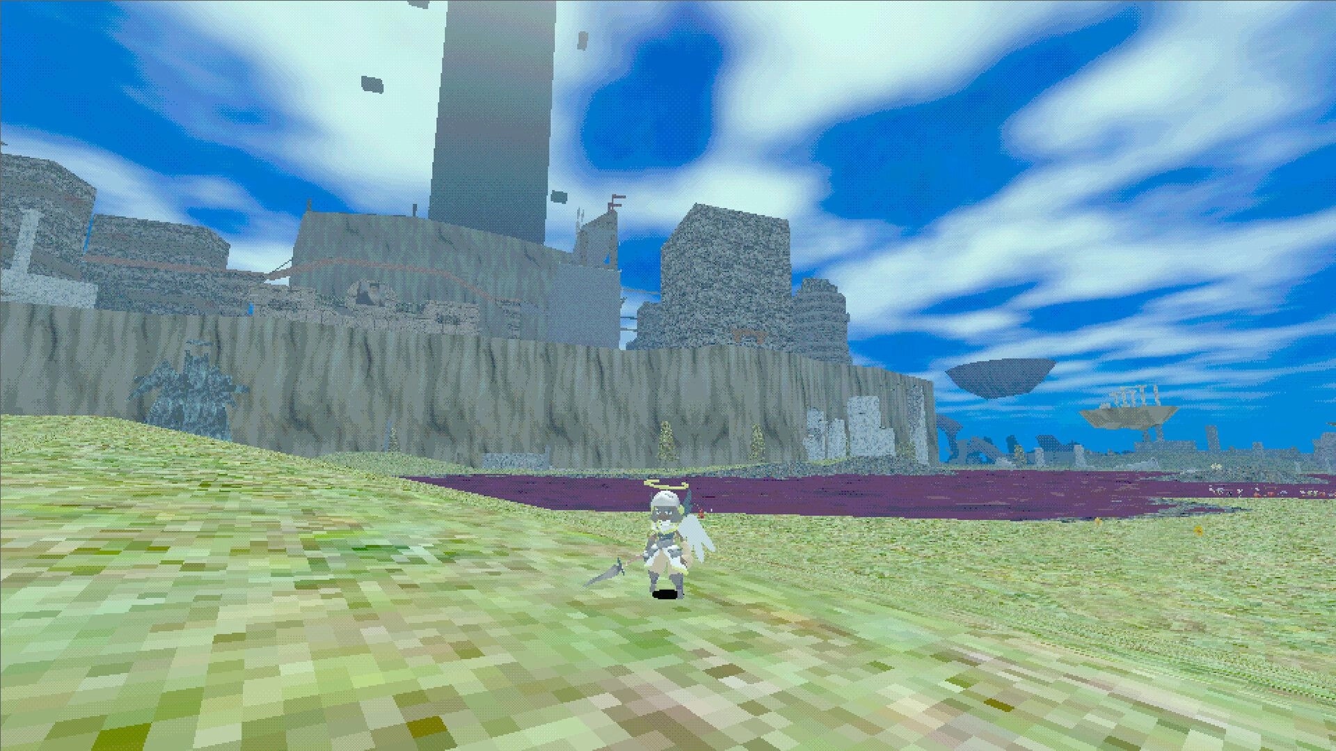 Valkyrie Saga: Roll explores pixelated sky island landscape with towering structures in the distance