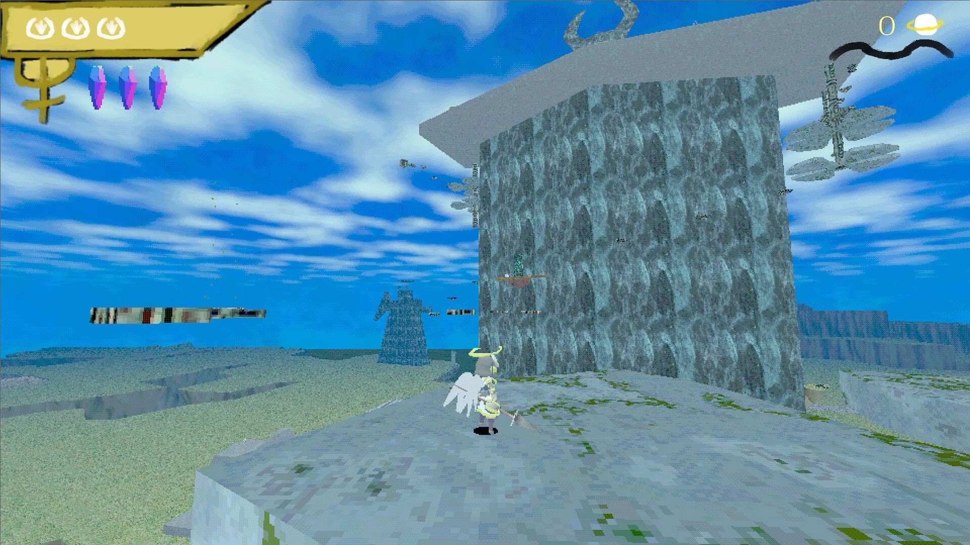 Valkyrie Saga: Roll the Valkyrie climbs a towering cliff on a bright day with UI health and crystal bars.