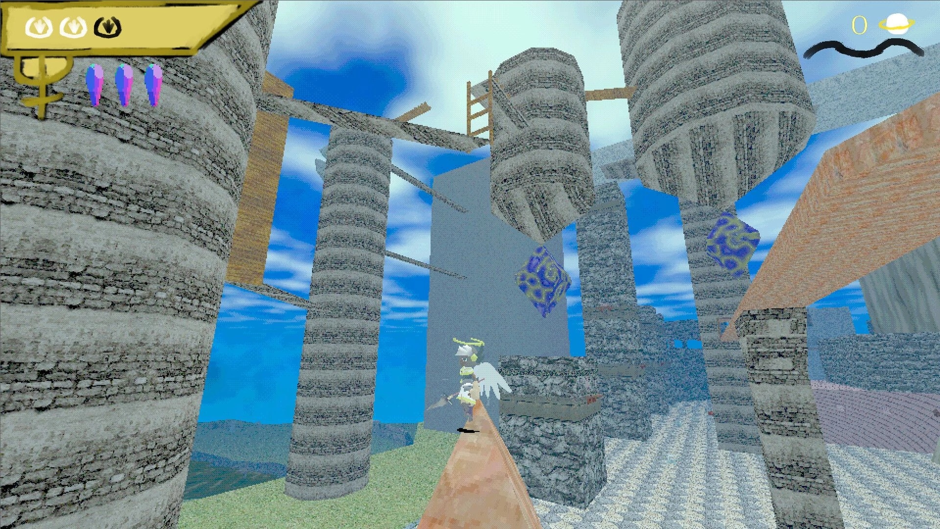 Valkyrie Saga: Roll the Valkyrie balances on a tower edge in a sky island platforming challenge.