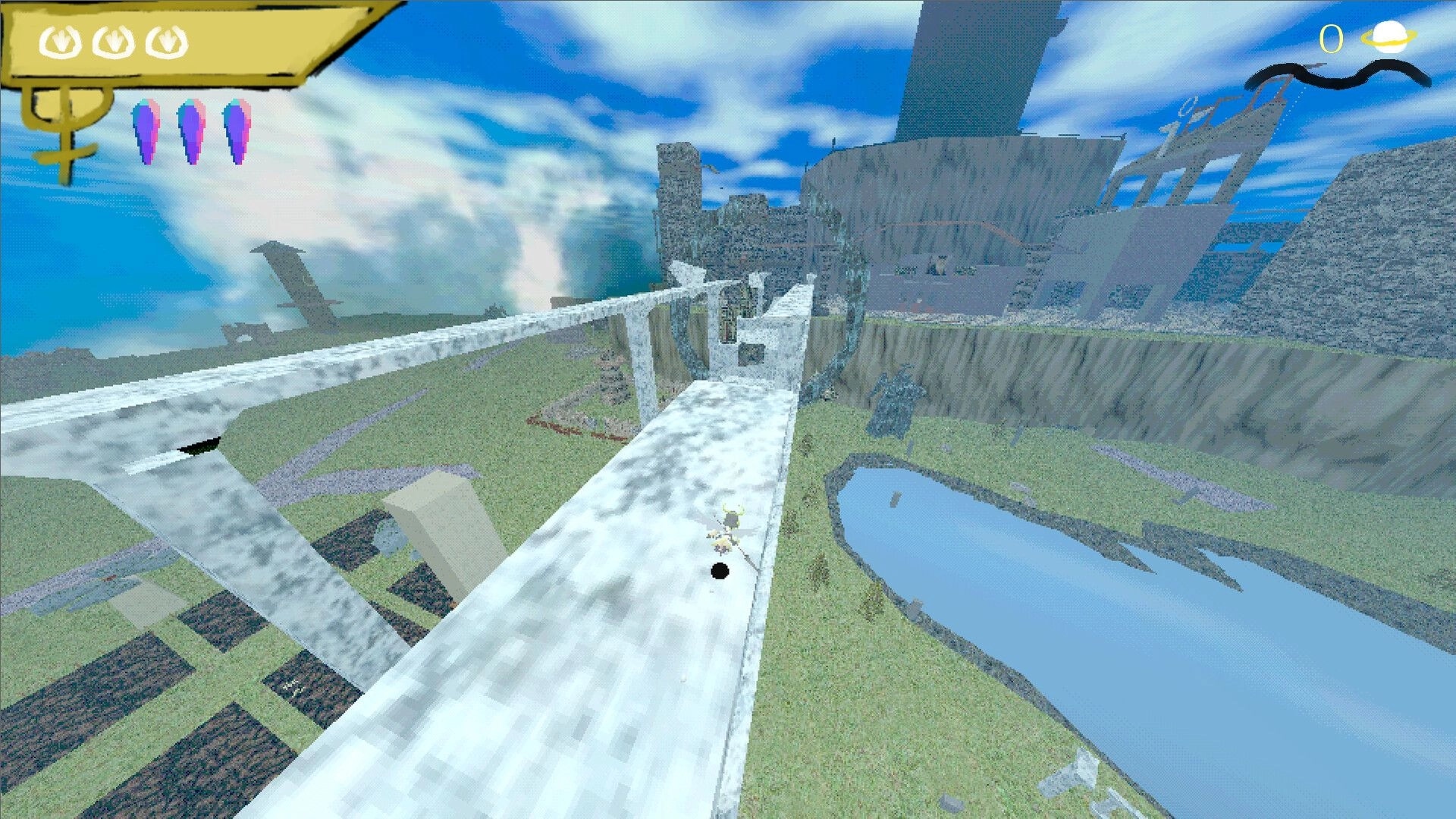 Valkyrie Saga: Roll dashes along a crumbling sky bridge, with UI showing health and three abilities.