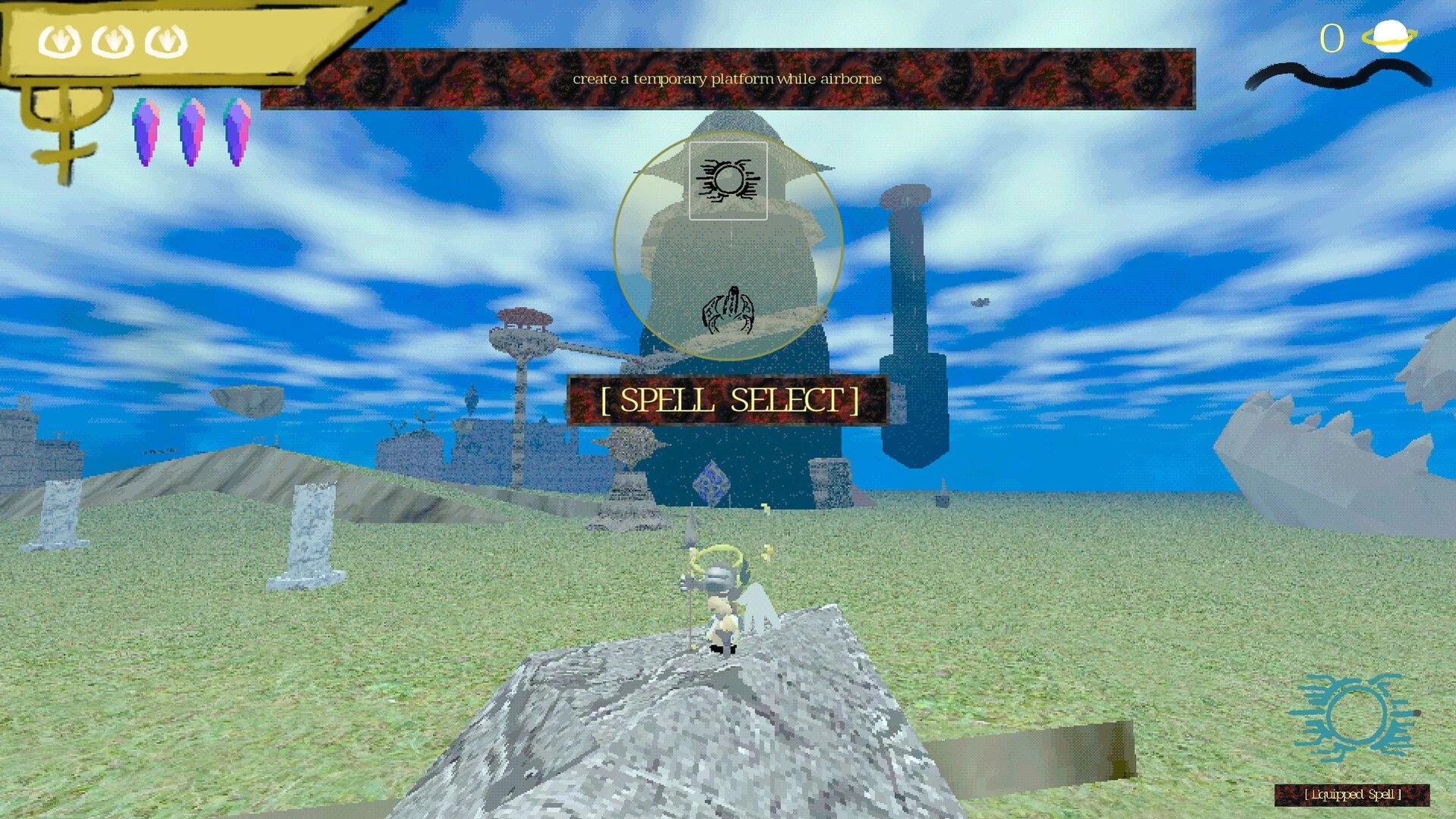 Valkyrie Saga: Roll selects a spell on a sky island with ancient ruins under a bright blue sky.