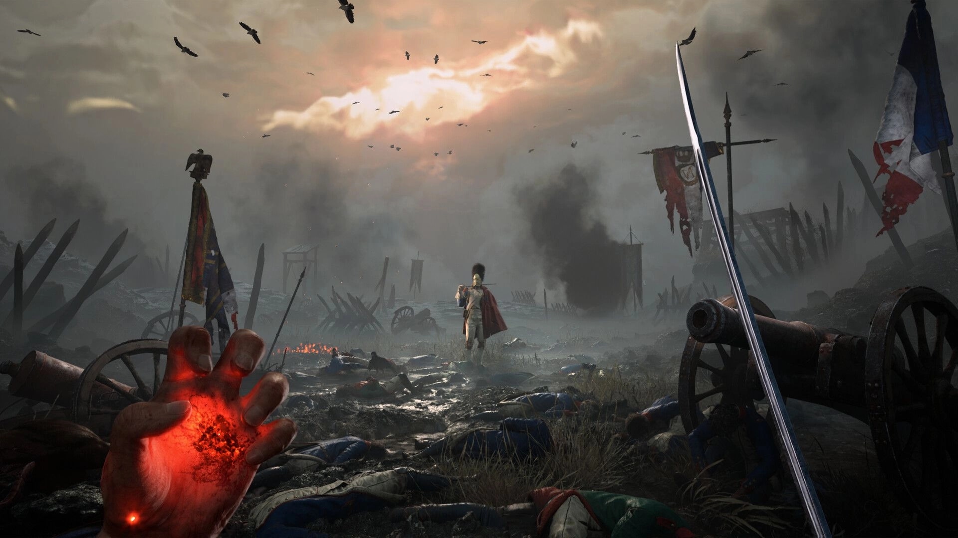 Valor Mortis: Soldier rises with glowing hand in foggy battlefield surrounded by dead and broken cannons