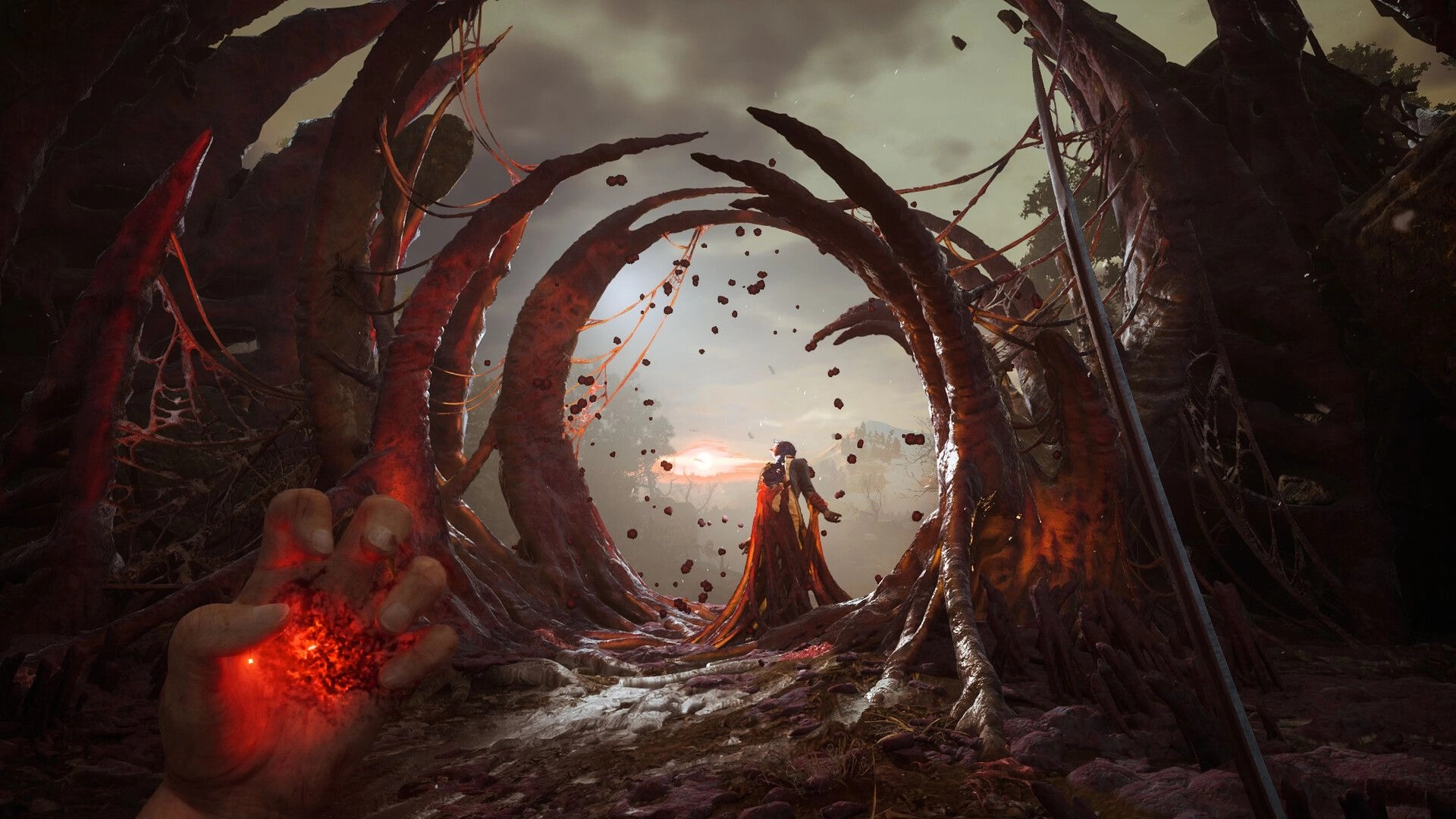 Valor Mortis: Player wields glowing power in eerie, twisted forest with looming arches at sunset.