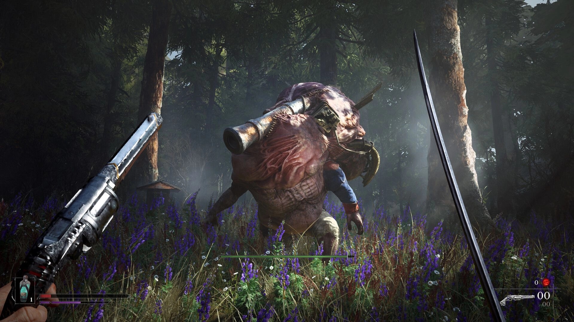 Valor Mortis: Player faces a mutated creature in a dense forest with a sword and pistol drawn.