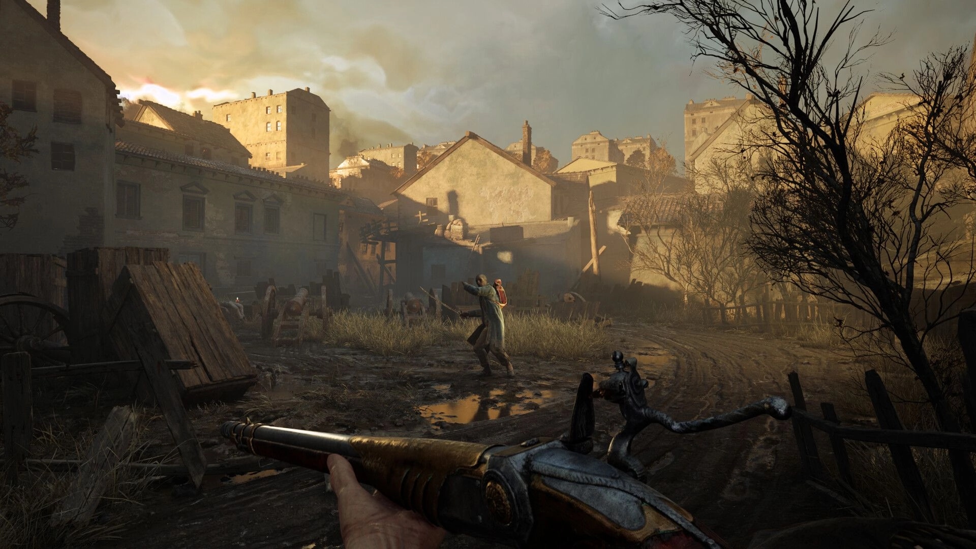 Valor Mortis: First-person view aiming musket at zombie in desolate village ruins at dusk.