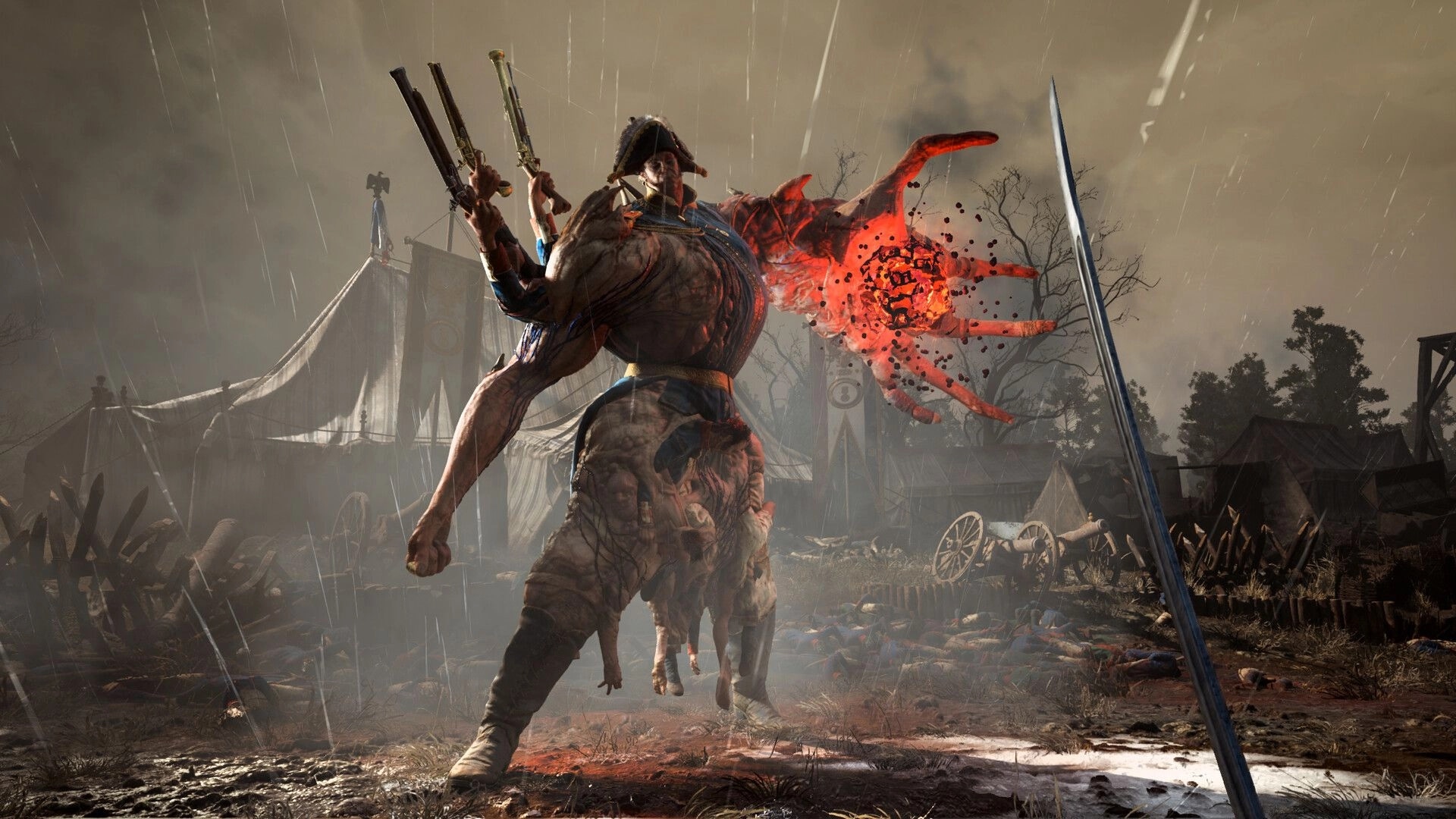 Valor Mortis: Giant mutated soldier with pistols and red aura in a rain-soaked battlefield camp