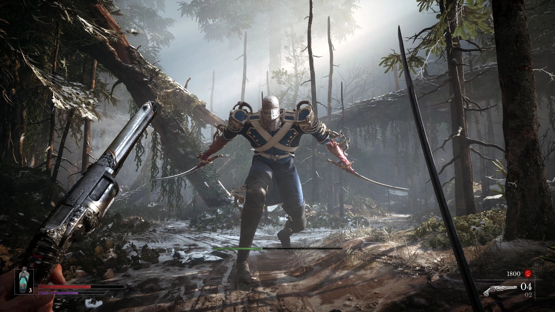 Valor Mortis: Player faces armored enemy in a dense, misty forest with sword and gun in hand.